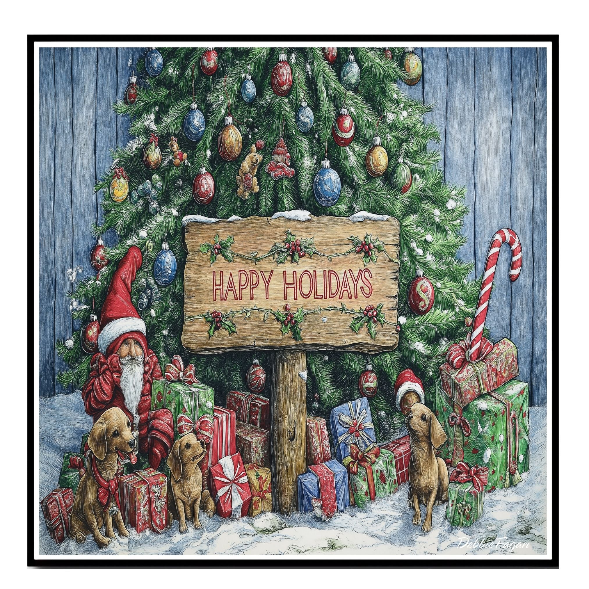 Dog Christmas Canvas - "Holiday Paws" - Adorable Puppies with Elf Hats and Presents Beneath the Christmas Tree on Ready to Hang 1.5" Thick Canvas Wrap, Floating Framed Canvas, Flat Rolled Canvas