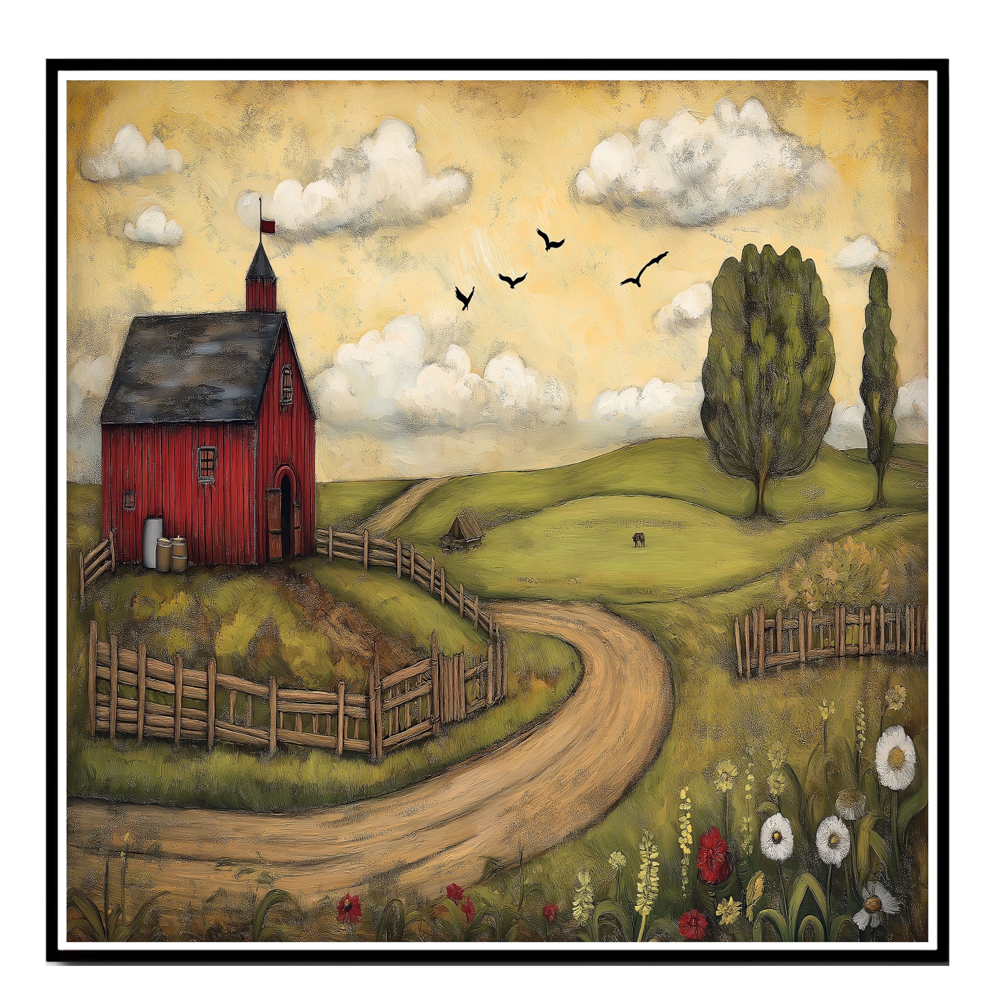 Country Farm Folk Art Print Featuring Red Barn and Rolling Hills Hand Drawn Rustic Landscape Illustration for Cozy Home Wall Decor or Unique Gift Idea on Ready to Hang 1.5" Thick Canvas Wrap, Floating Framed Canvas, Flat Rolled Canvas