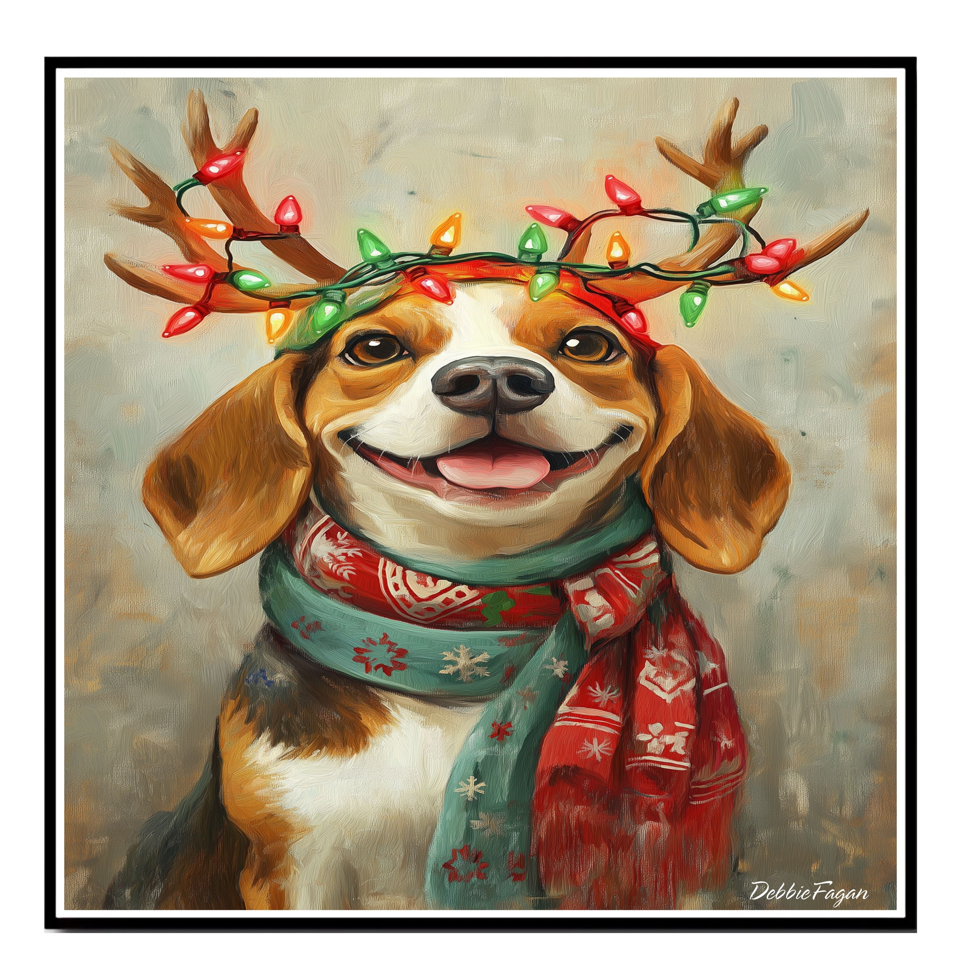 Beagle Christmas Charm - 'Rustic Snuggles' - Beagle Dog with Lighted Antlers & Festive Scarf on Rustic Canvas, Ready to Hang 1.5" Thick Canvas Wrap, Floating Framed Canvas, Flat Rolled Canvas