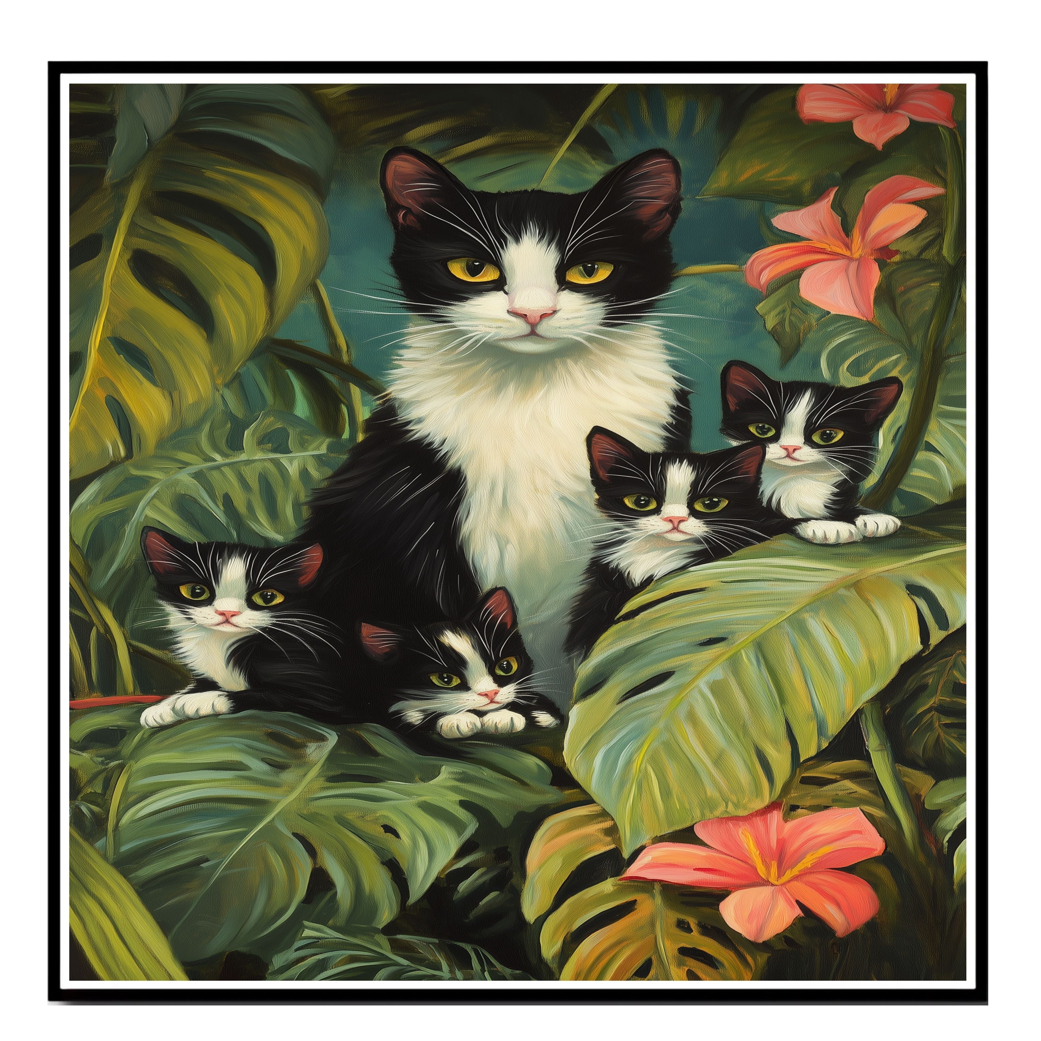 Jungle Retreat: Tuxedo Cat Mom and Four Kittens Exploring a Lush Tropical Paradise on Ready to Hang 1.5" Thick Canvas Wrap, Floating Framed Canvas, Flat Rolled Canvas