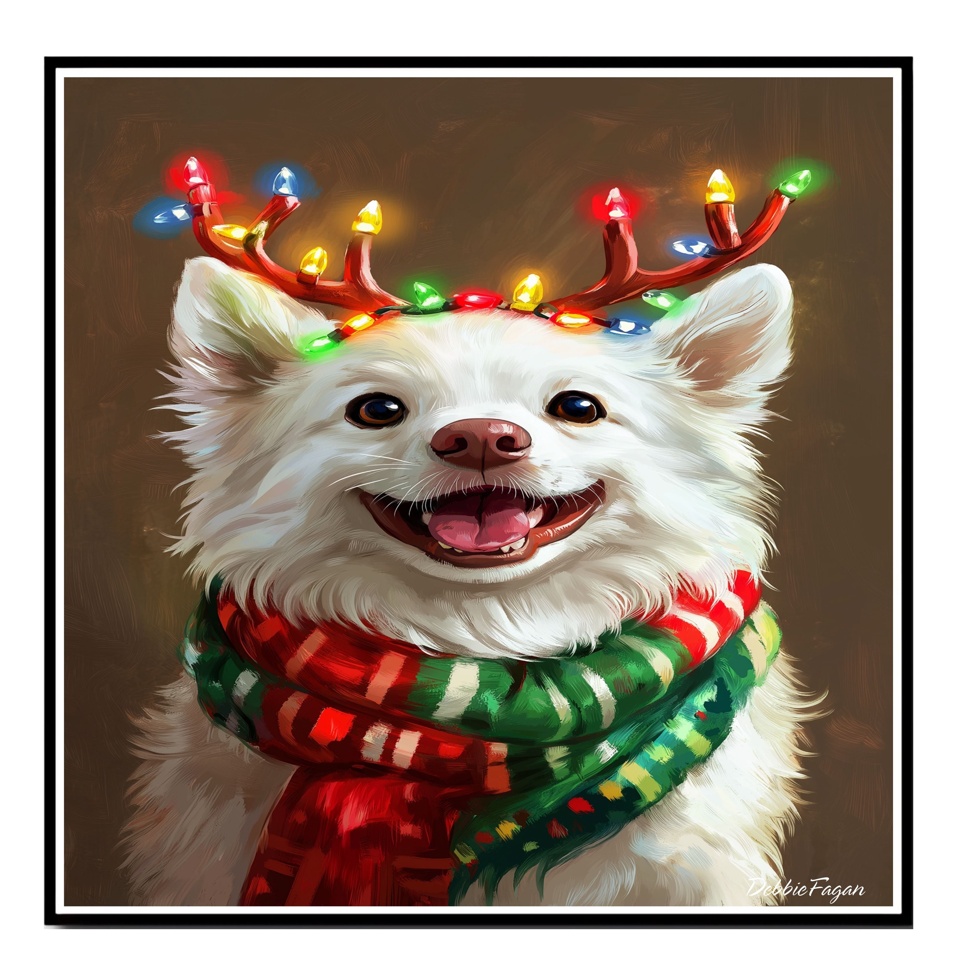 Frosty Festivities' - American Eskimo Dog with Twinkling Antlers & Cozy Scarf on Rustic Background, Ready to Hang 1.5" Thick Canvas Wrap, Floating Framed Canvas, Flat Rolled Canvas