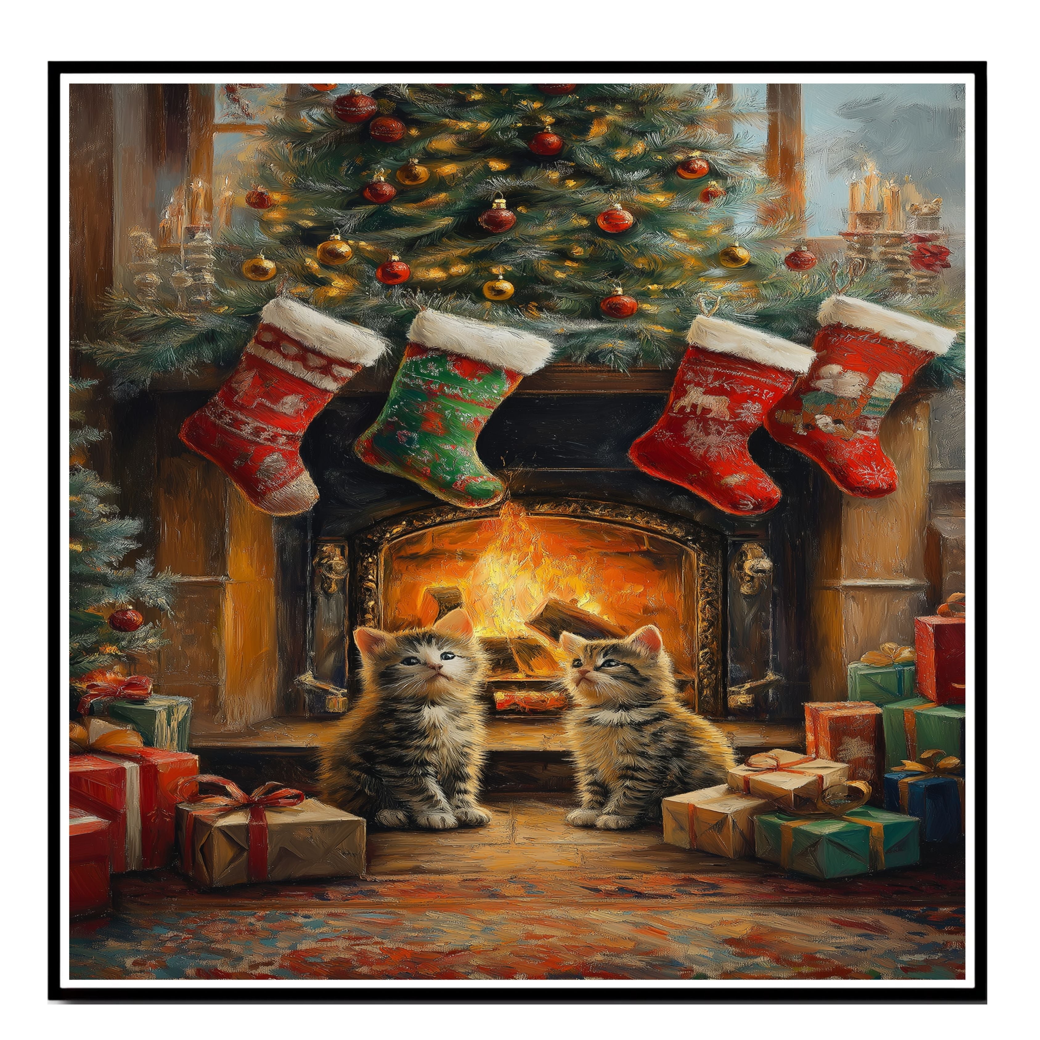 Adorable Christmas Kittens Sitting by Fireplace with Stockings and Tree Festive Holiday Scene Perfect for Home Winter Decor and Seasonal Gift on Ready to Hang 1.5" Thick Canvas Wrap, Floating Framed Canvas, Flat Rolled Canvas