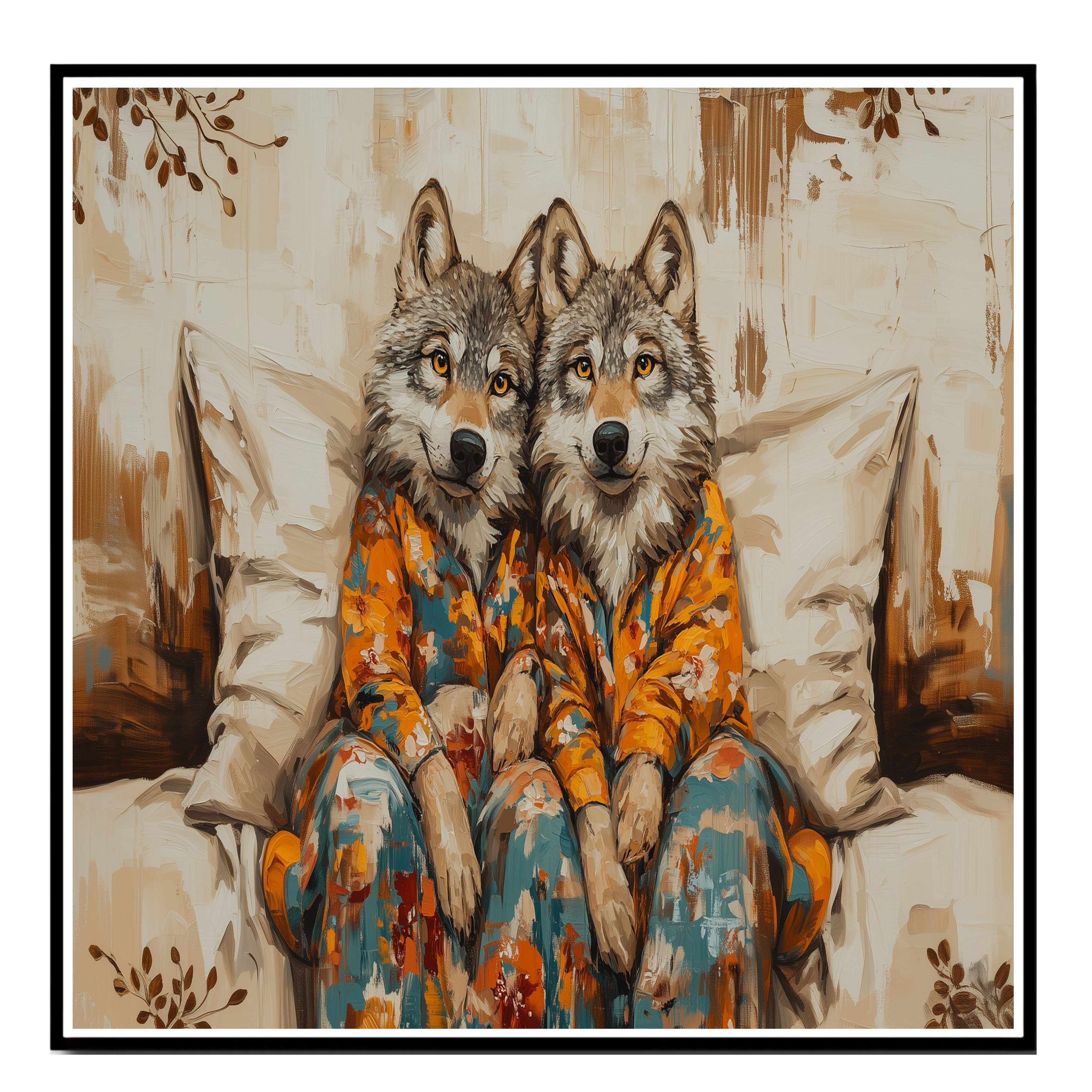 Majestic Painting of Two Wolves in Pajamas Sitting on a Cozy Bed with Warm Tones and Floral Accents in a Whimsical Woodland-Inspired Composition on Ready to Hang 1.5" Thick Canvas Wrap, Floating Framed Canvas, Flat Rolled Canvas