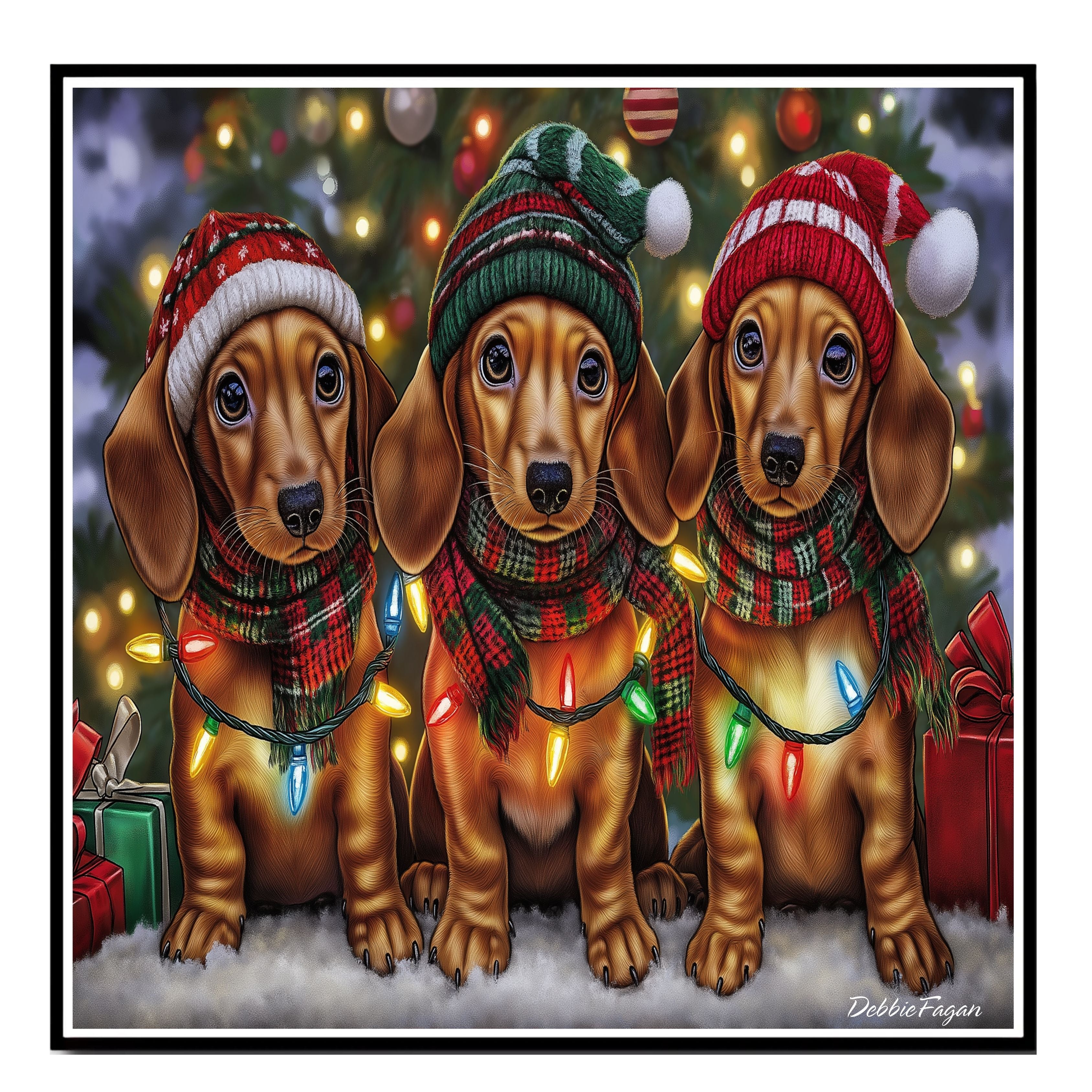 Christmas Canvas - "Dachshund Wonders" - Winter Pups Adorned in Cozy Outfits Wrapped in Festive Christmas Lights on Ready to Hang 1.5" Thick Canvas Wrap, Floating Framed Canvas, Flat Rolled Canvas