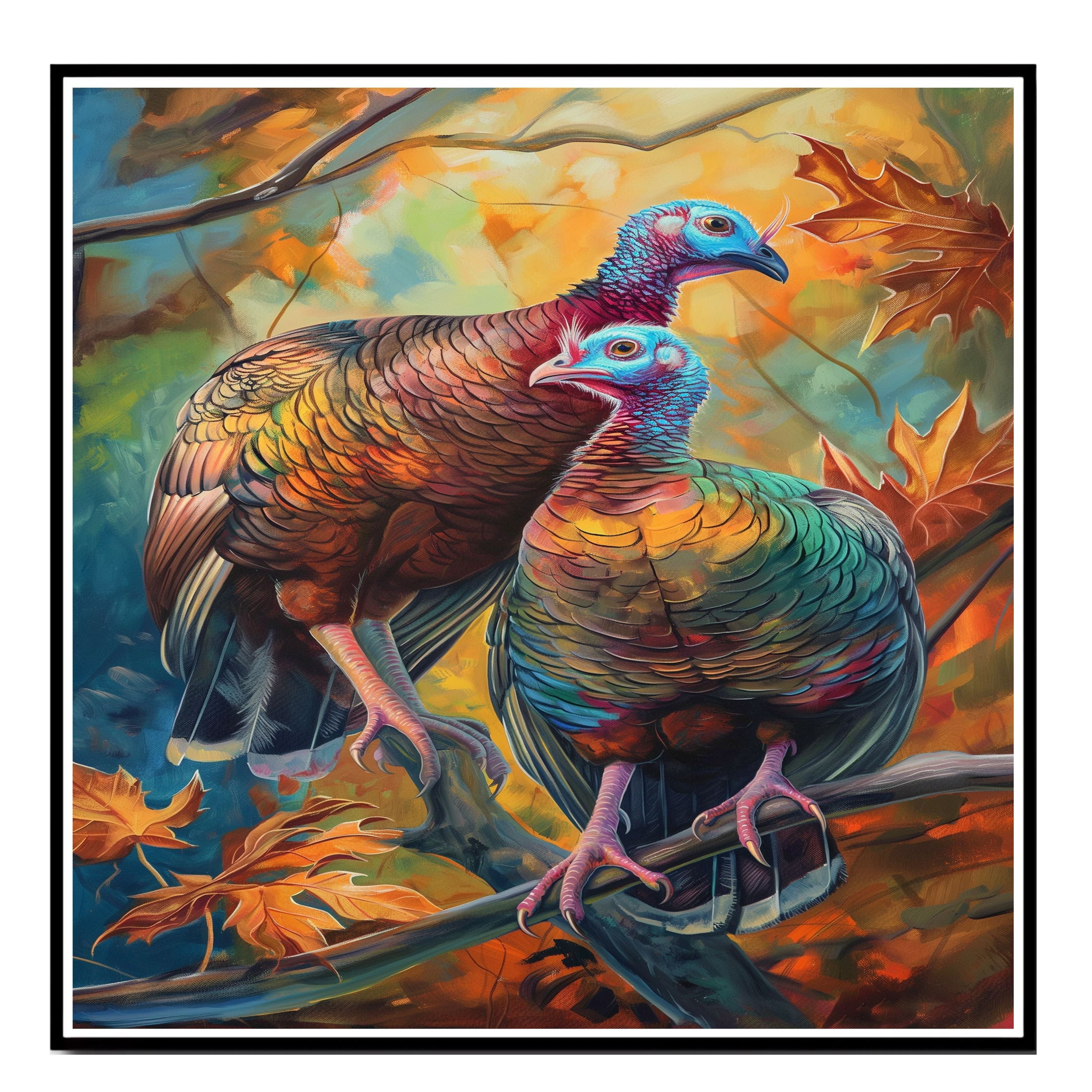 Colorful Wild Turkey Pair Perched on Branch Among Autumn Leaves with Vivid Feathers and Blue Faces in a Stunning Wildlife Nature Art Scene on Ready to Hang 1.5" Thick Canvas Wrap, Floating Framed Canvas, Flat Rolled Canvas
