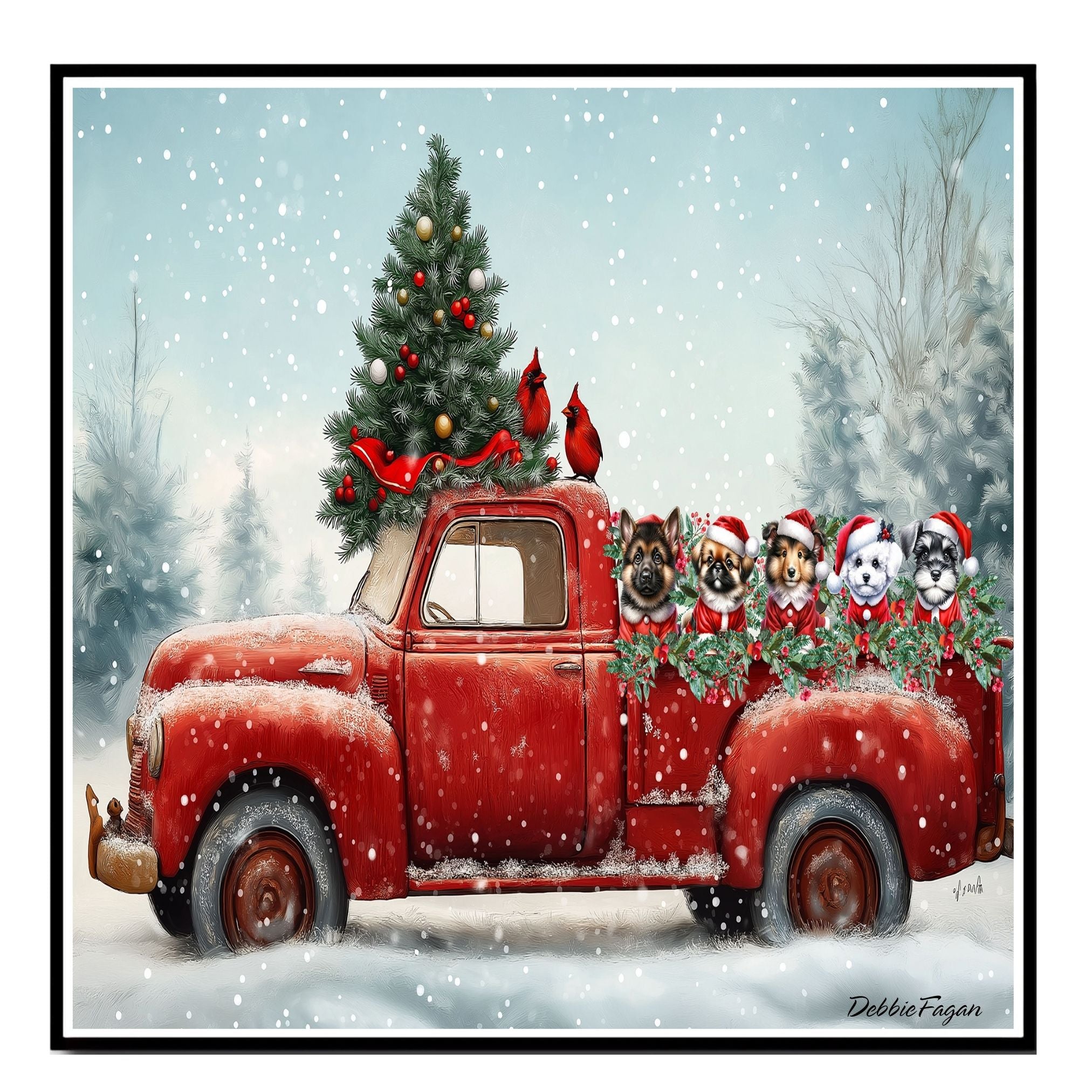 Christmas Canvas - "Santa Paws Parade" - Adorable Dogs Dressed in Festive Costumes on Vintage Red Pickup Truck on Ready to Hang 1.5" Thick Canvas Wrap, Floating Framed Canvas, Flat Rolled Canvas