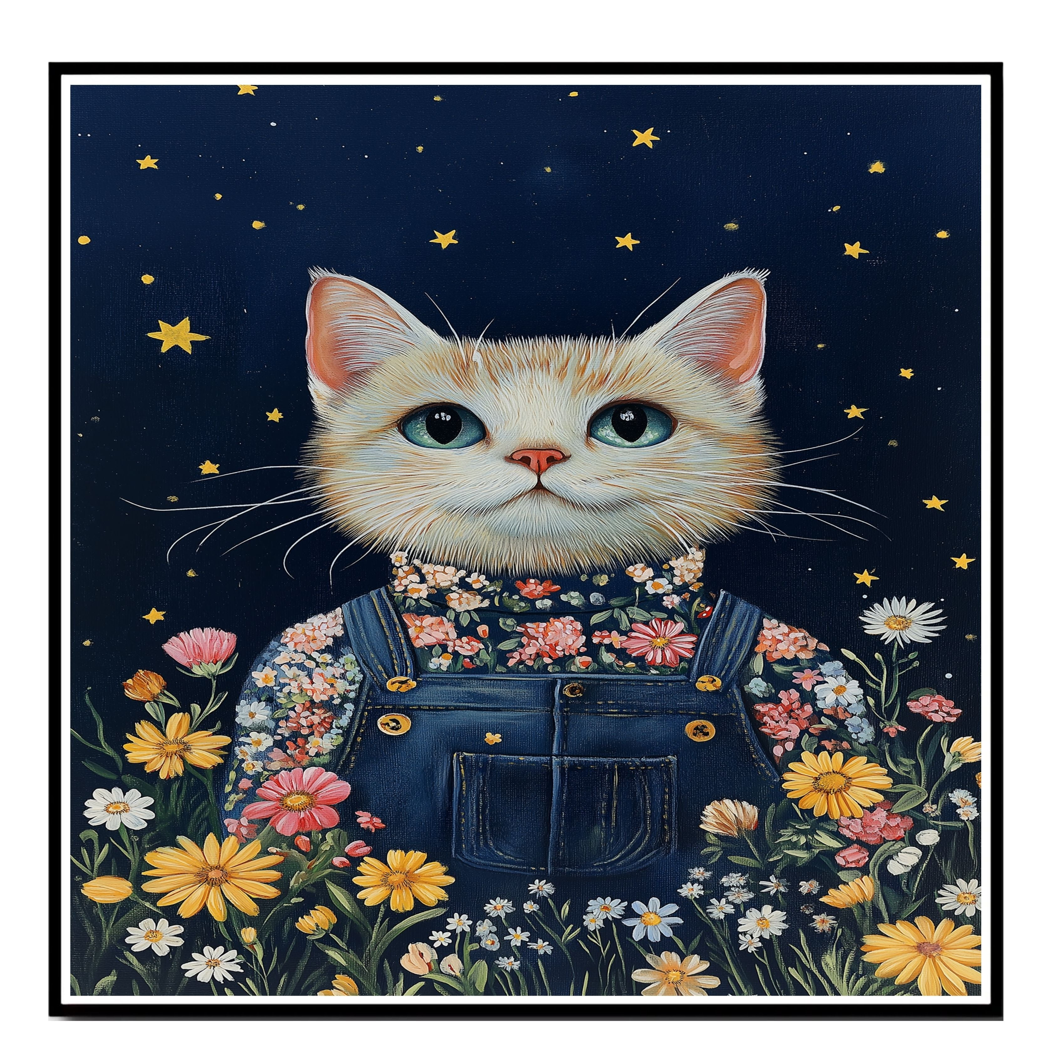 Charming White Cat in Floral Overalls Hand Painted Art Magical Starry Night Scene Perfect for Nursery Kids Room Home Wall Decor Bedroom or Animal Lovers Gift on Ready to Hang 1.5" Thick Canvas Wrap, Floating Framed Canvas, Flat Rolled Canvas