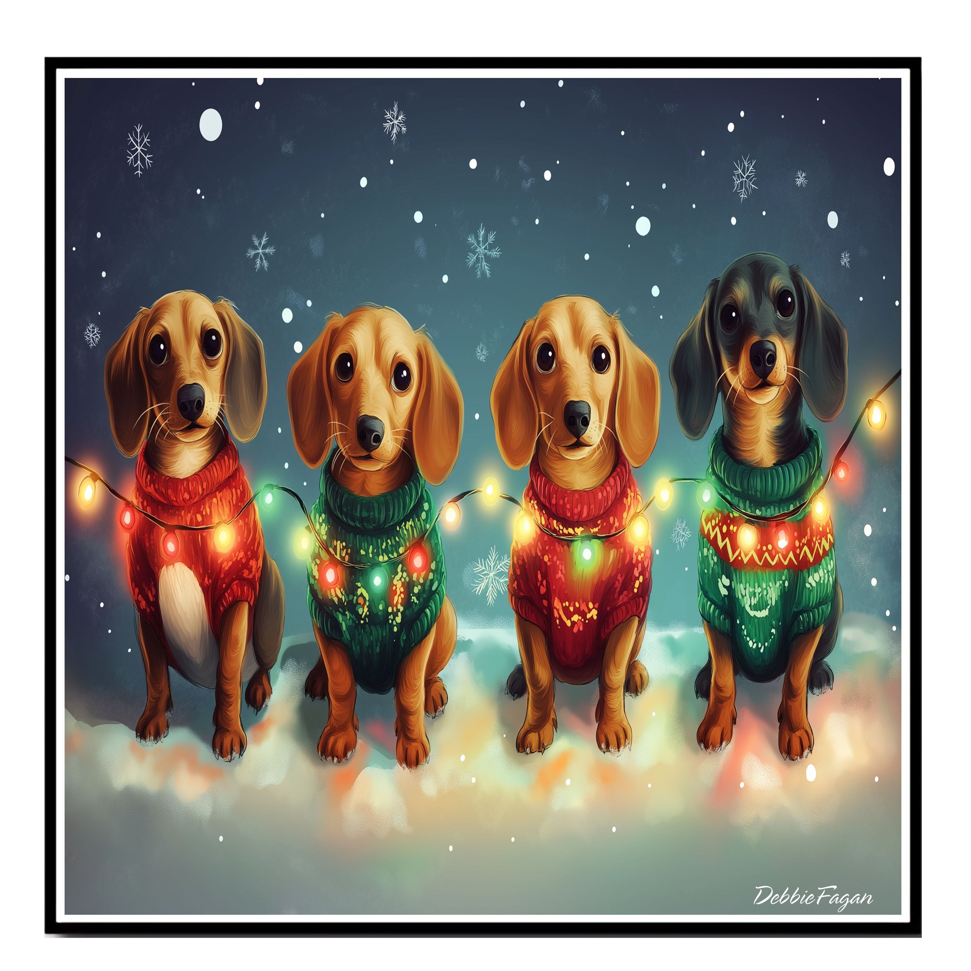 "Dachshund Merriment" - Cozy Doxies in Festive Sweaters & Twinkling Holiday Lights in Winter Wonderland on Ready to Hang 1.5" Thick Canvas Wrap, Floating Framed Canvas, Flat Rolled Canvas