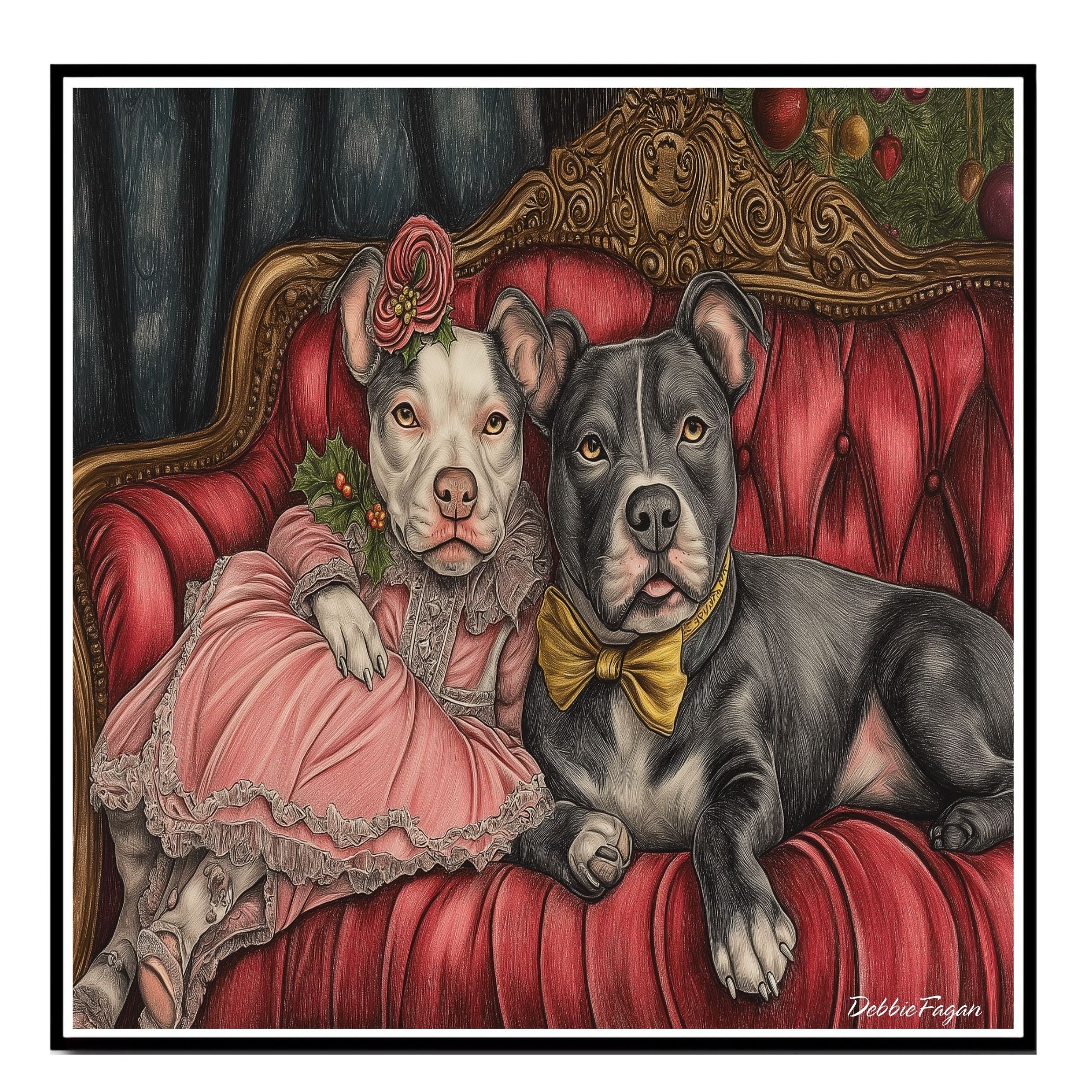 American Pit Bull Christmas Canvas - "Victorian Vibes: Posh Pit Bulls on a Couch" - Dressed in Vintage Attire on Ready to Hang 1.5" Thick Canvas Wrap, Floating Framed Canvas, Flat Rolled Canvas