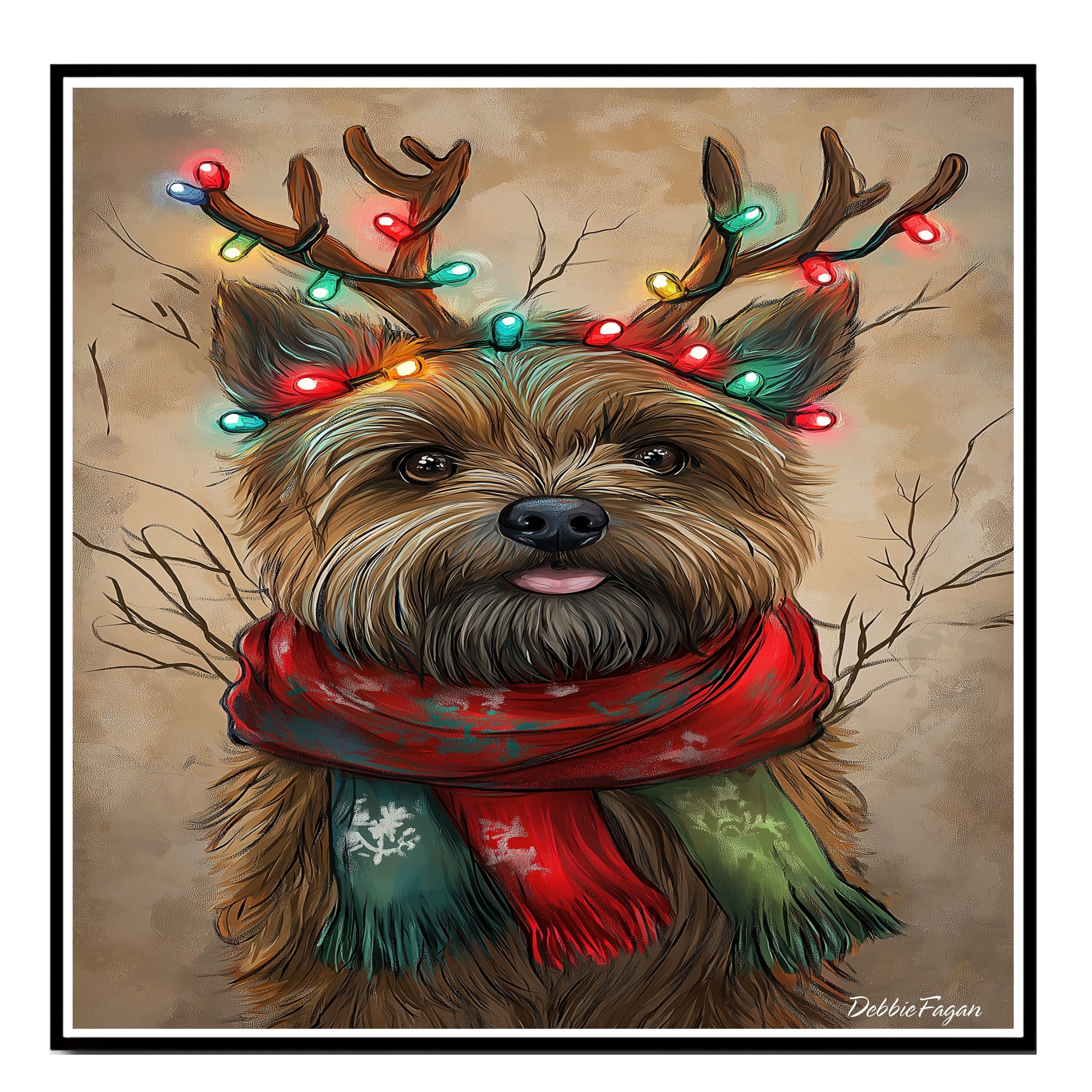 "Rustic Joy" - Cairn Terrier Dog with Lighted Antlers & Cozy Scarf on Rustic Canvas, Ready to Hang 1.5" Thick Canvas Wrap, Floating Framed Canvas, Flat Rolled Canvas