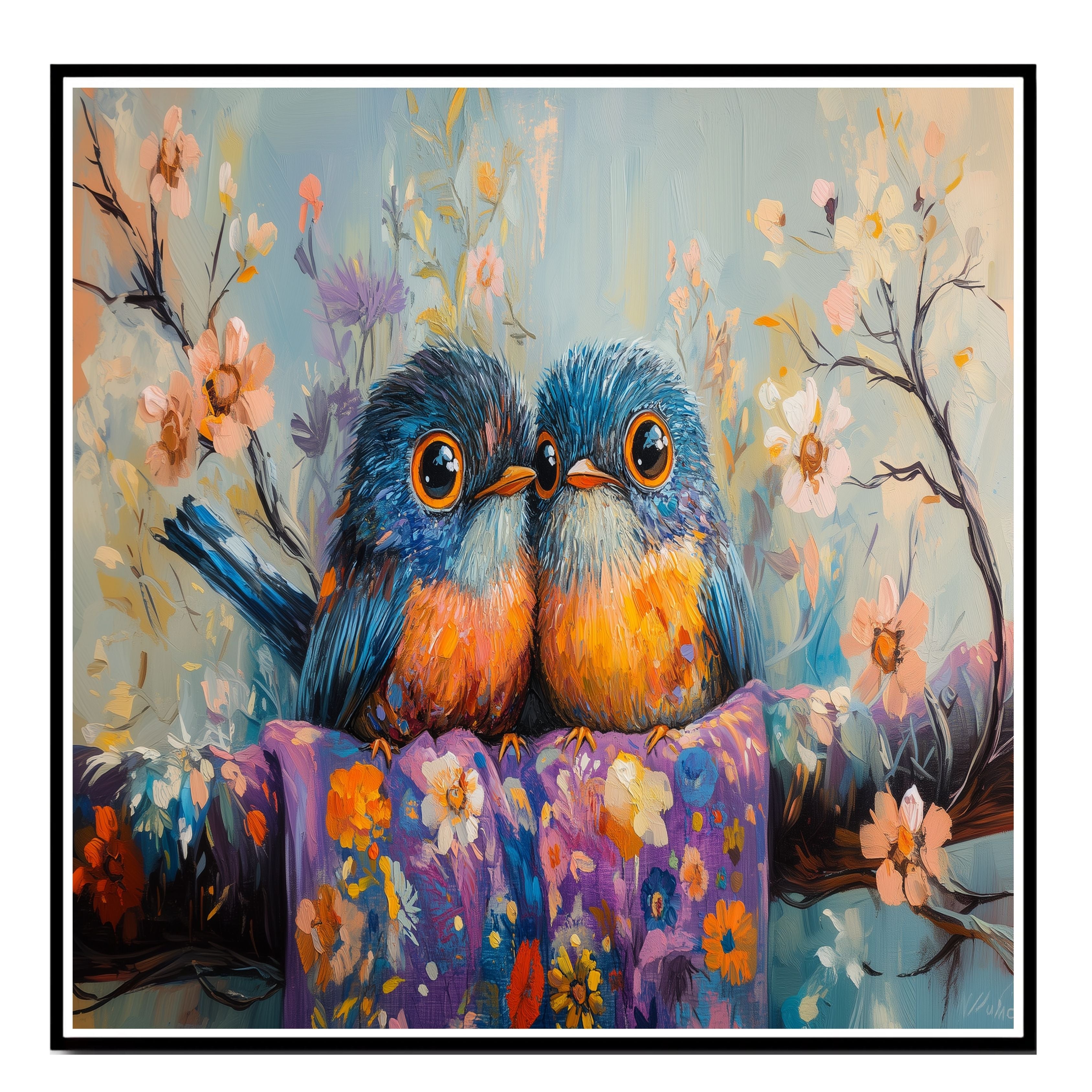 Painting of Two Colorful Plump Birds Sitting Close Together on a Flower Covered Branch with Bright Feathers and Big Eyes in a Playful Springtime Floral Scene on Ready to Hang 1.5" Thick Canvas Wrap, Floating Framed Canvas, Flat Rolled Canvas