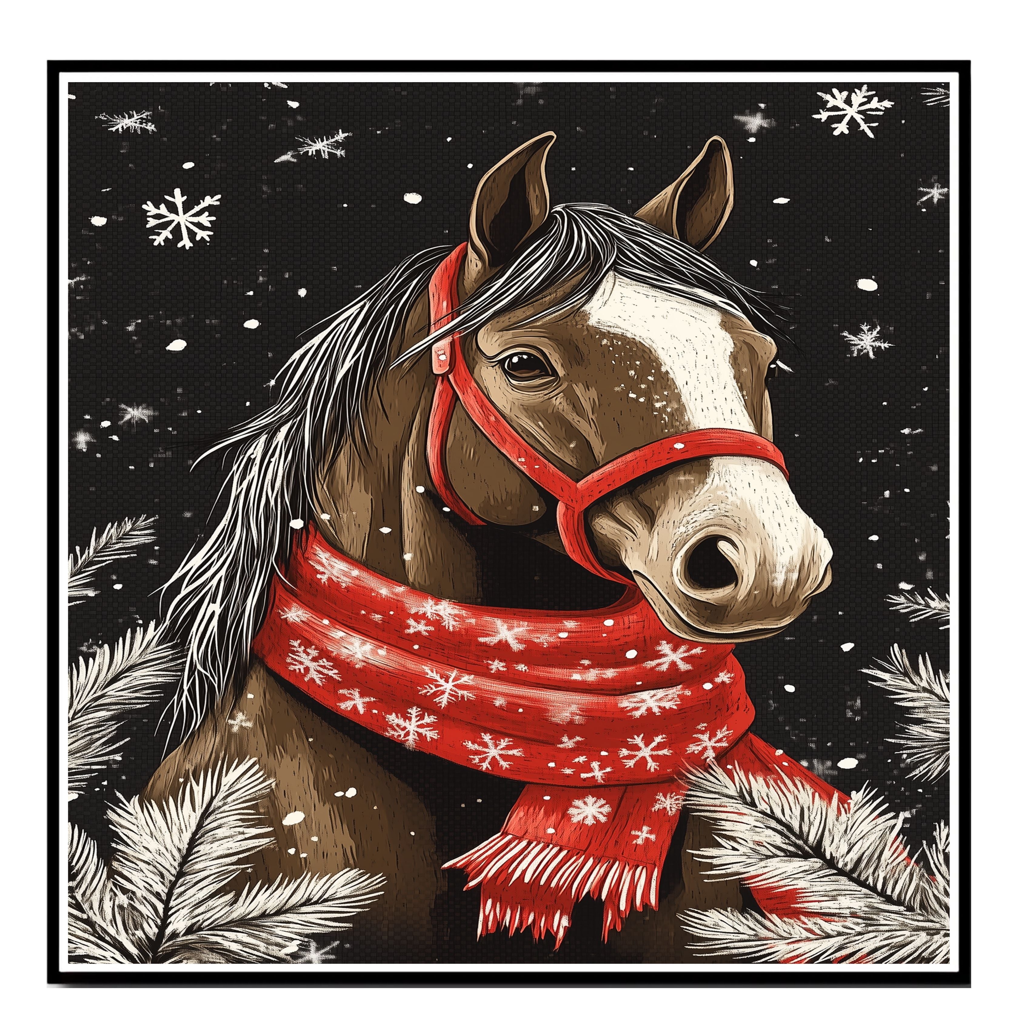 "Winter Majesty Horse" - Horse in Red Scarf Standing in Snow on Ready to Hang 1.5" Thick Canvas Wrap, Floating Framed Canvas, Flat Rolled Canvas