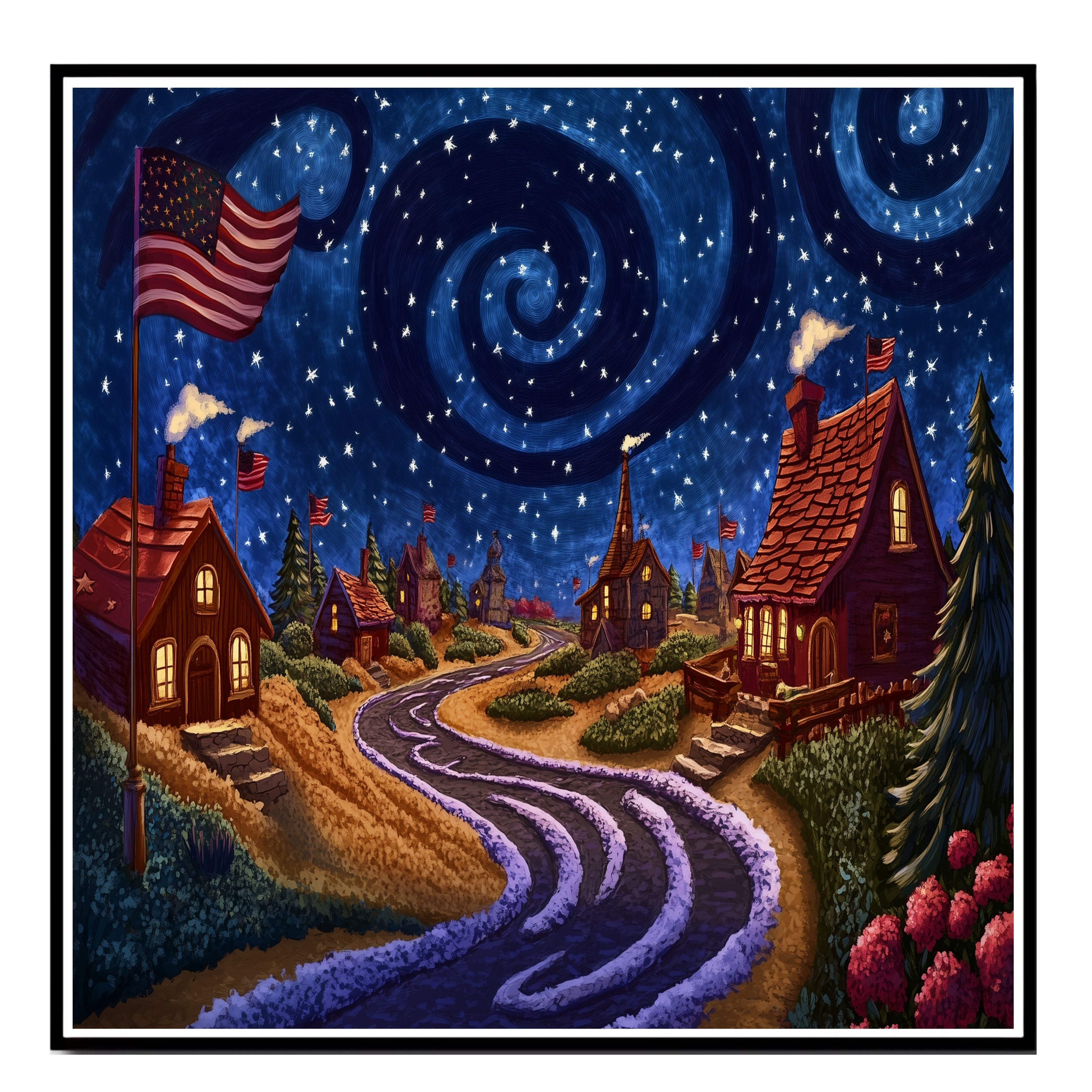 Whimsical 4th of July Village Under Swirling Starry Sky with Glowing Cottages, American Flags, and Winding Road in a Cozy Patriotic Nighttime Scene on Ready to Hang 1.5" Thick Canvas Wrap, Floating Framed Canvas, Flat Rolled Canvas