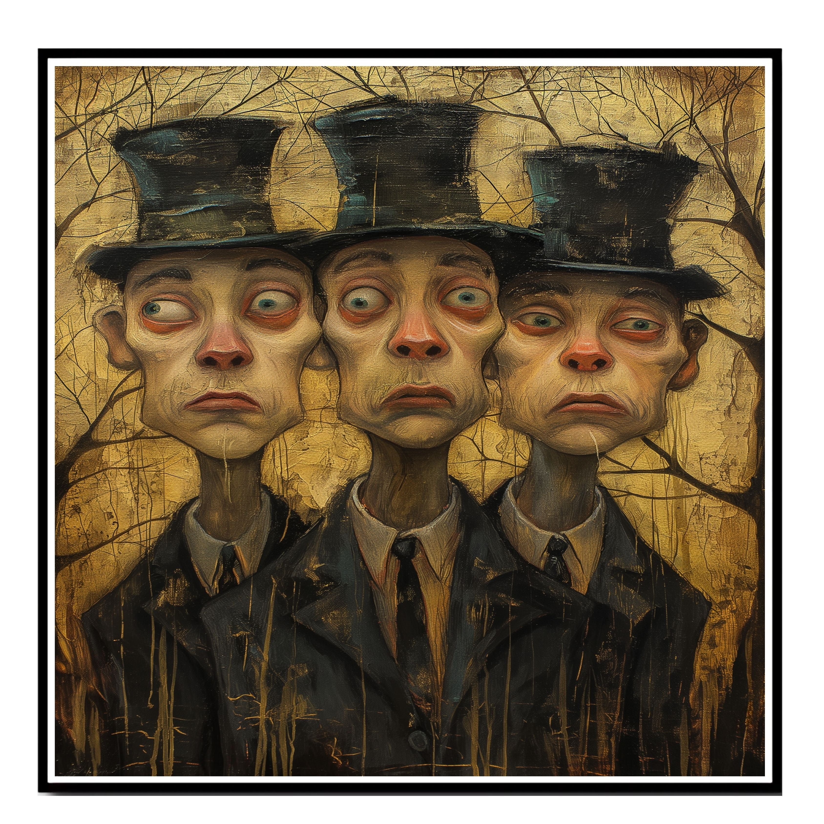 Expressive Trio of Men in Top Hats Moody Hand Painted Art Dark and Dramatic Portrait Perfect for Home Wall Decor Living Room Bedroom Office or Gift on Ready to Hang 1.5" Thick Canvas Wrap, Floating Framed Canvas, Flat Rolled Canvas
