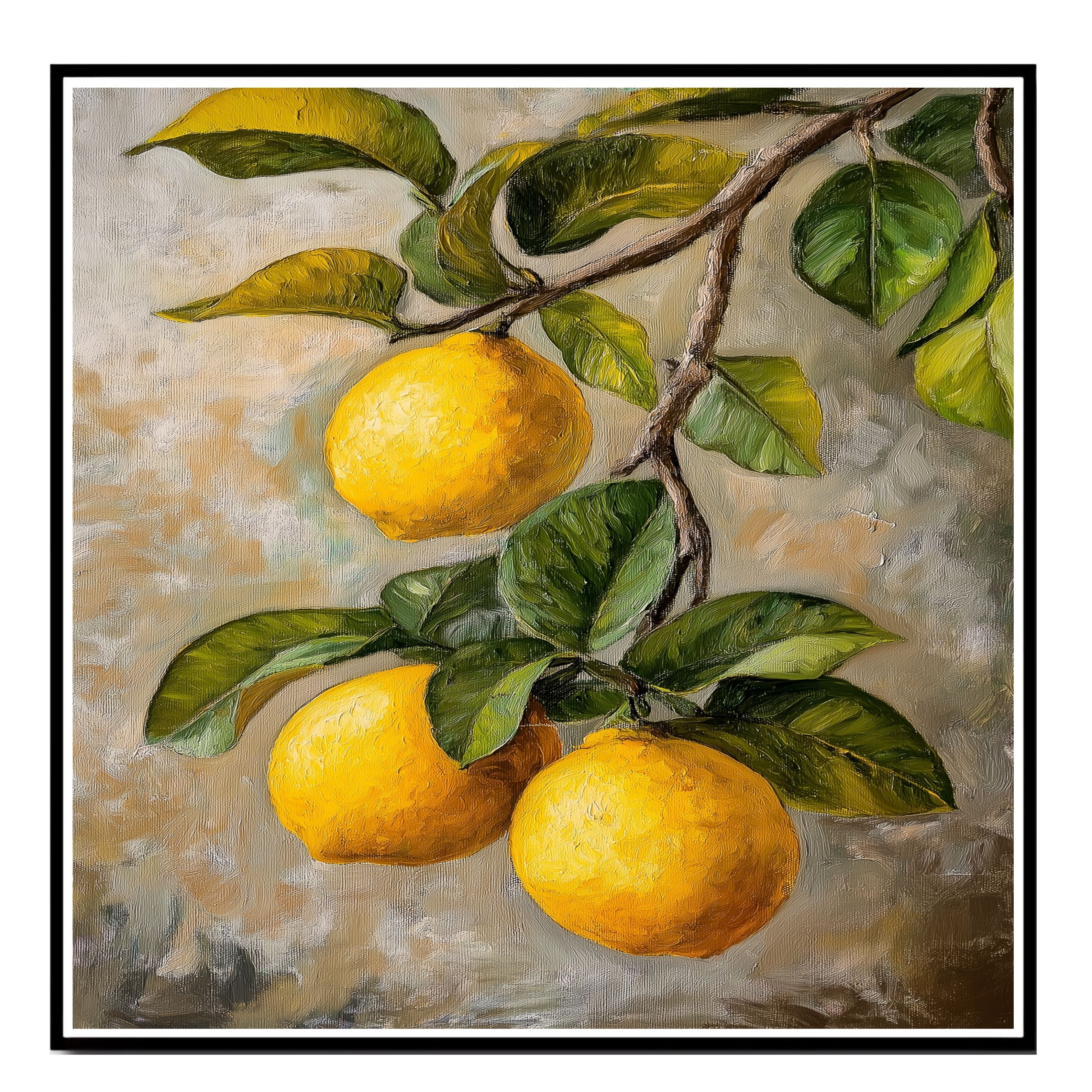 Close-Up Lemons on Branch with Leaves Vintage Botanical Style Illustration for Kitchen or Dining Room Rustic Farmhouse Citrus Fruit Art Print