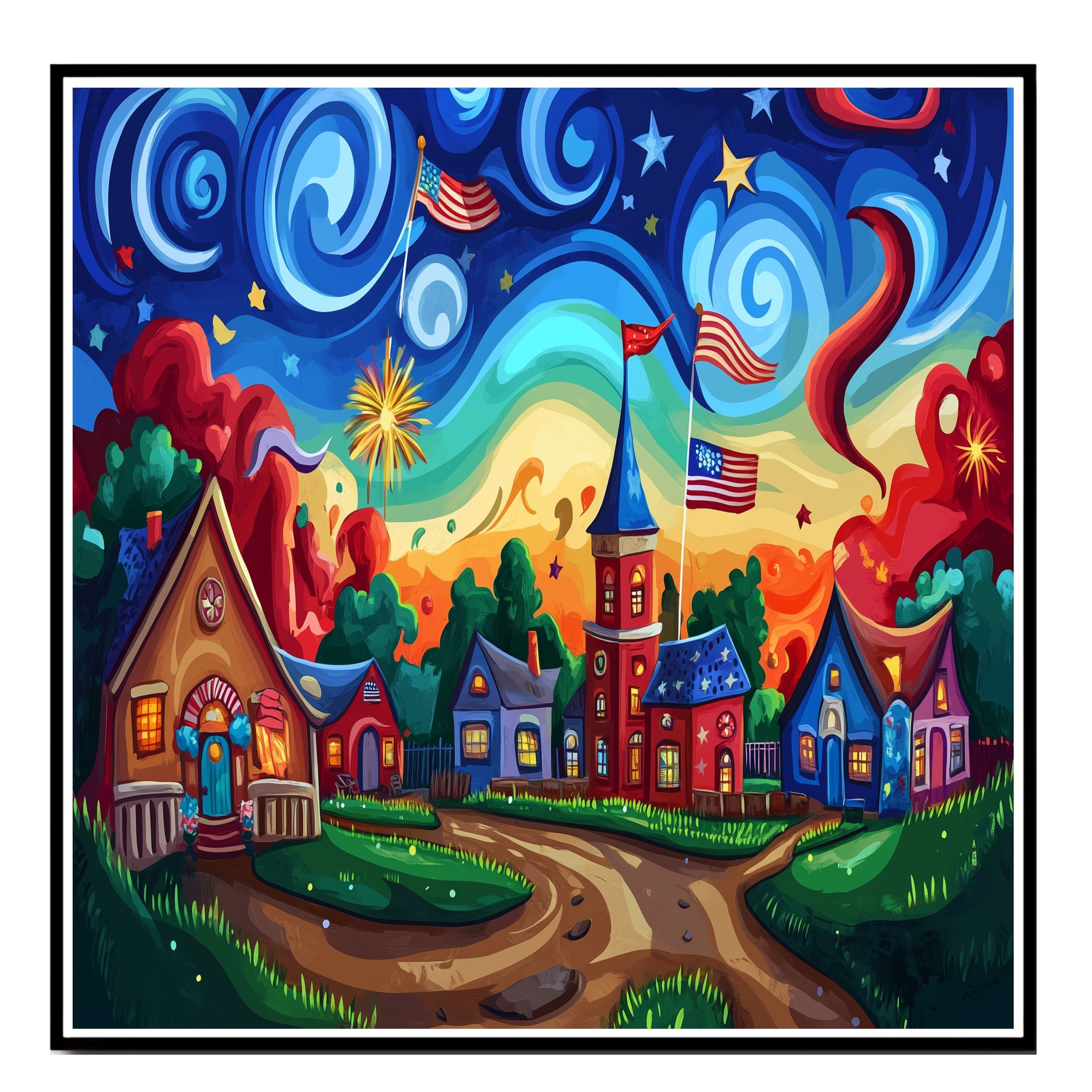 Colorful 4th of July Village with Fireworks, American Flags, and Swirling Sky, Whimsical Sunset Scene with Bold Colors and Playful Patriotic Celebration on Ready to Hang 1.5" Thick Canvas Wrap, Floating Framed Canvas, Flat Rolled Canvas