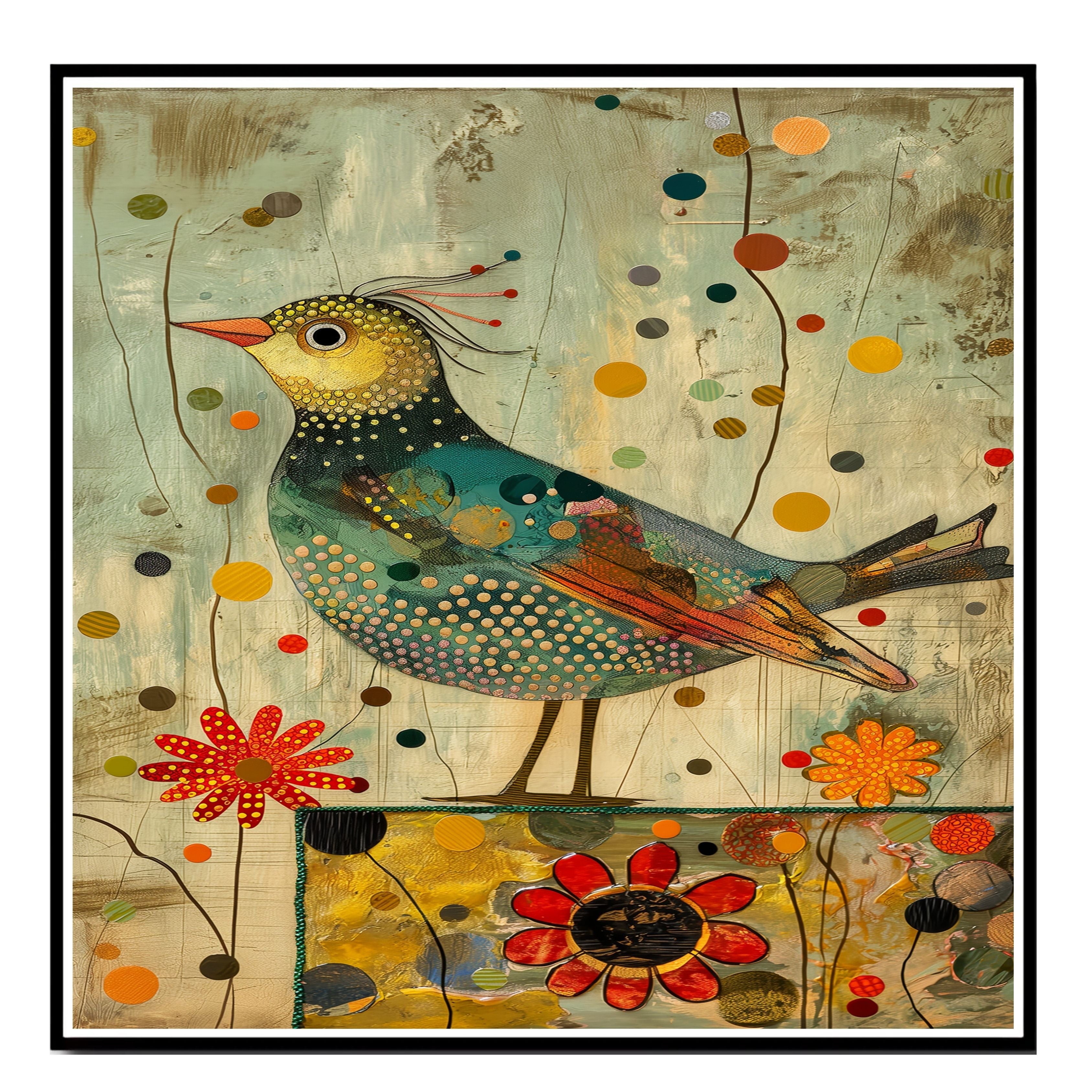 Charming Painting of a Whimsical Bird with Dotted Feathers and Abstract Flowers in Warm Earthy Colors Perfect for Nature Inspired or Eclectic Home Accents on Ready to Hang 1.5" Thick Canvas Wrap, Floating Framed Canvas, Flat Rolled Canvas