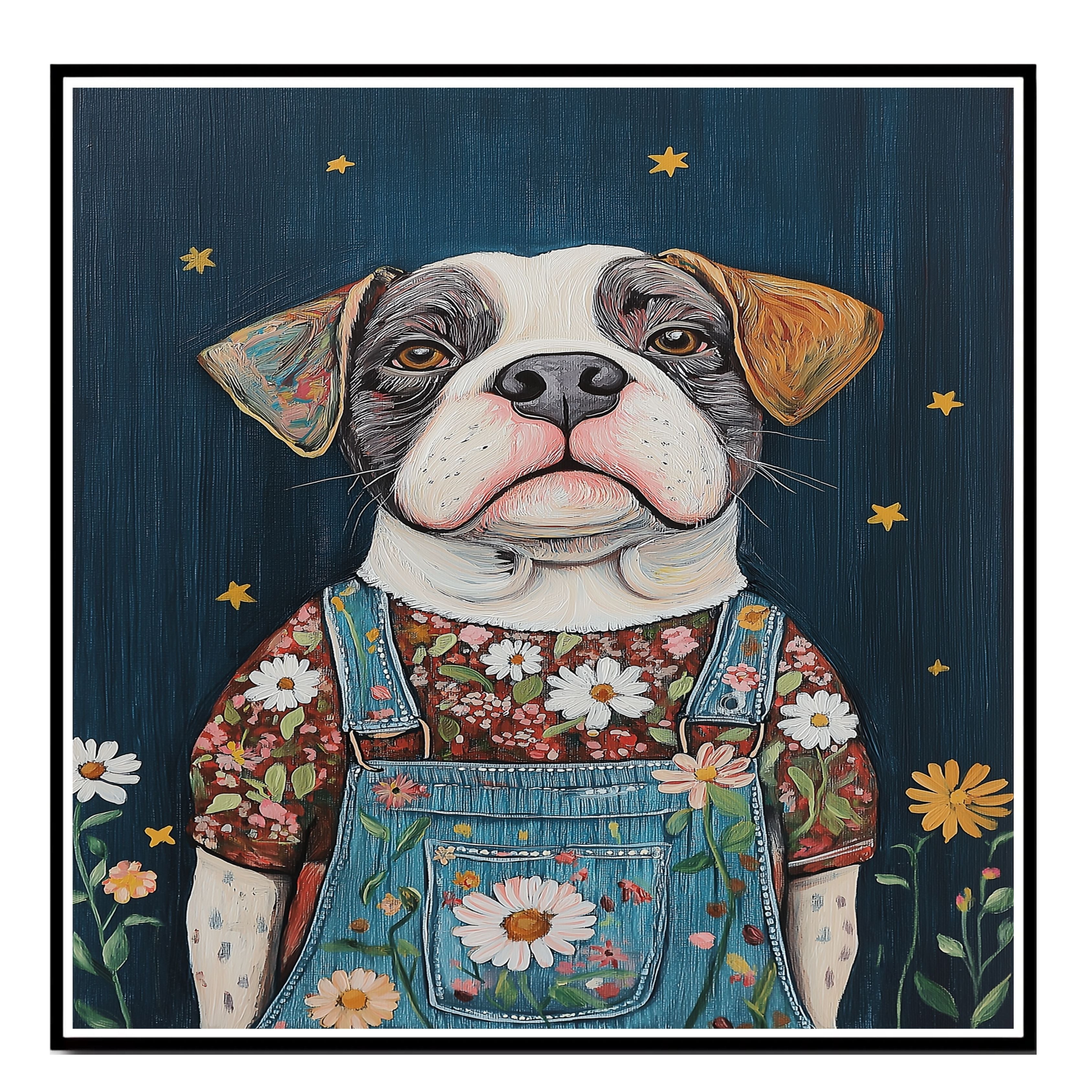 Charming Dog in Overalls and Floral Shirt Under Starry Sky Whimsical Dog Art Farmhouse Nursery Living Room Decor Perfect for Dog Lovers and Gift Ideas on Ready to Hang 1.5" Thick Canvas Wrap, Floating Framed Canvas, Flat Rolled Canvas