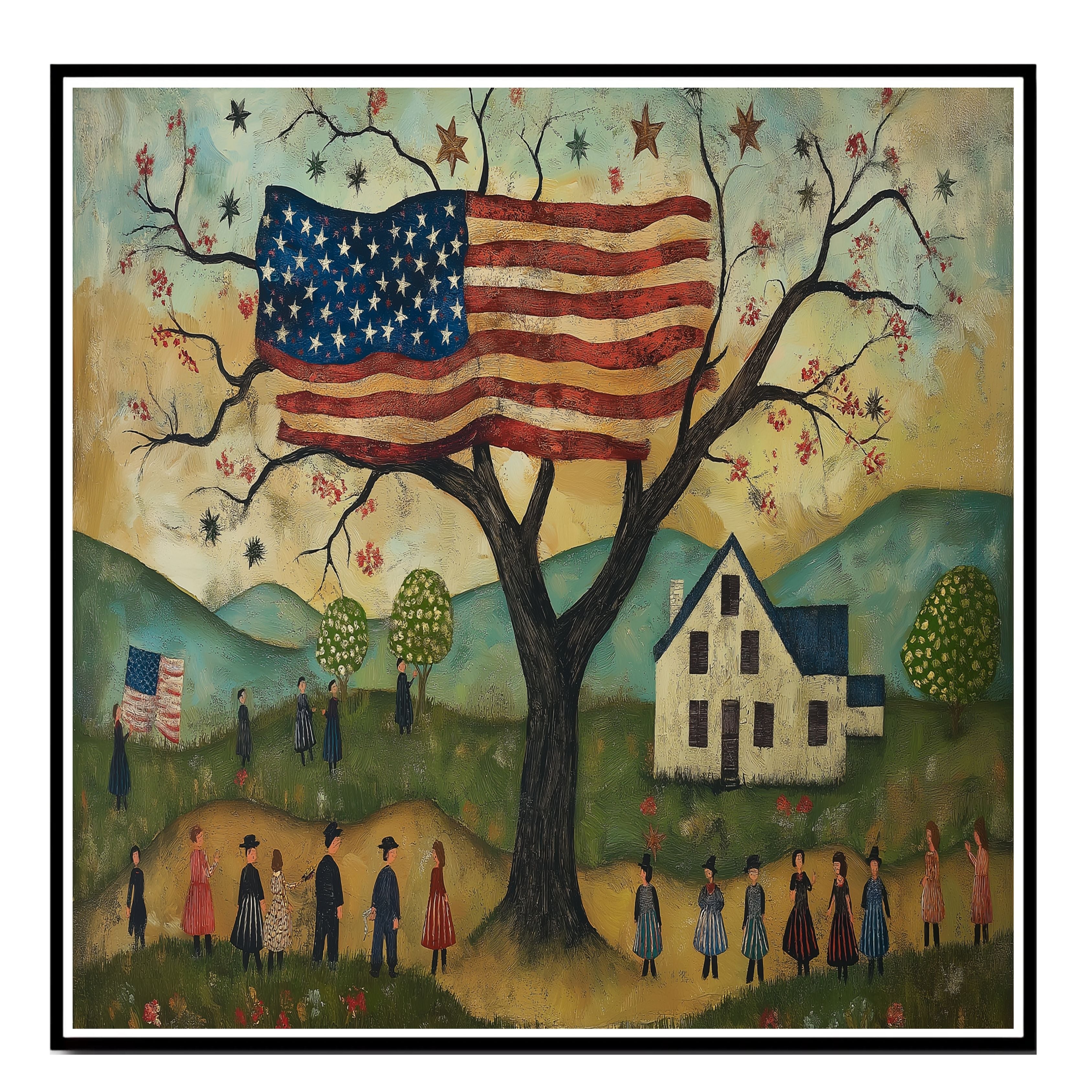 Charming Folk Art Scene of 4th of July Celebration with American Flag Tree, Village Parade, and Country Landscape in a Whimsical Patriotic Americana Style on Ready to Hang 1.5" Thick Canvas Wrap, Floating Framed Canvas, Flat Rolled Canvas