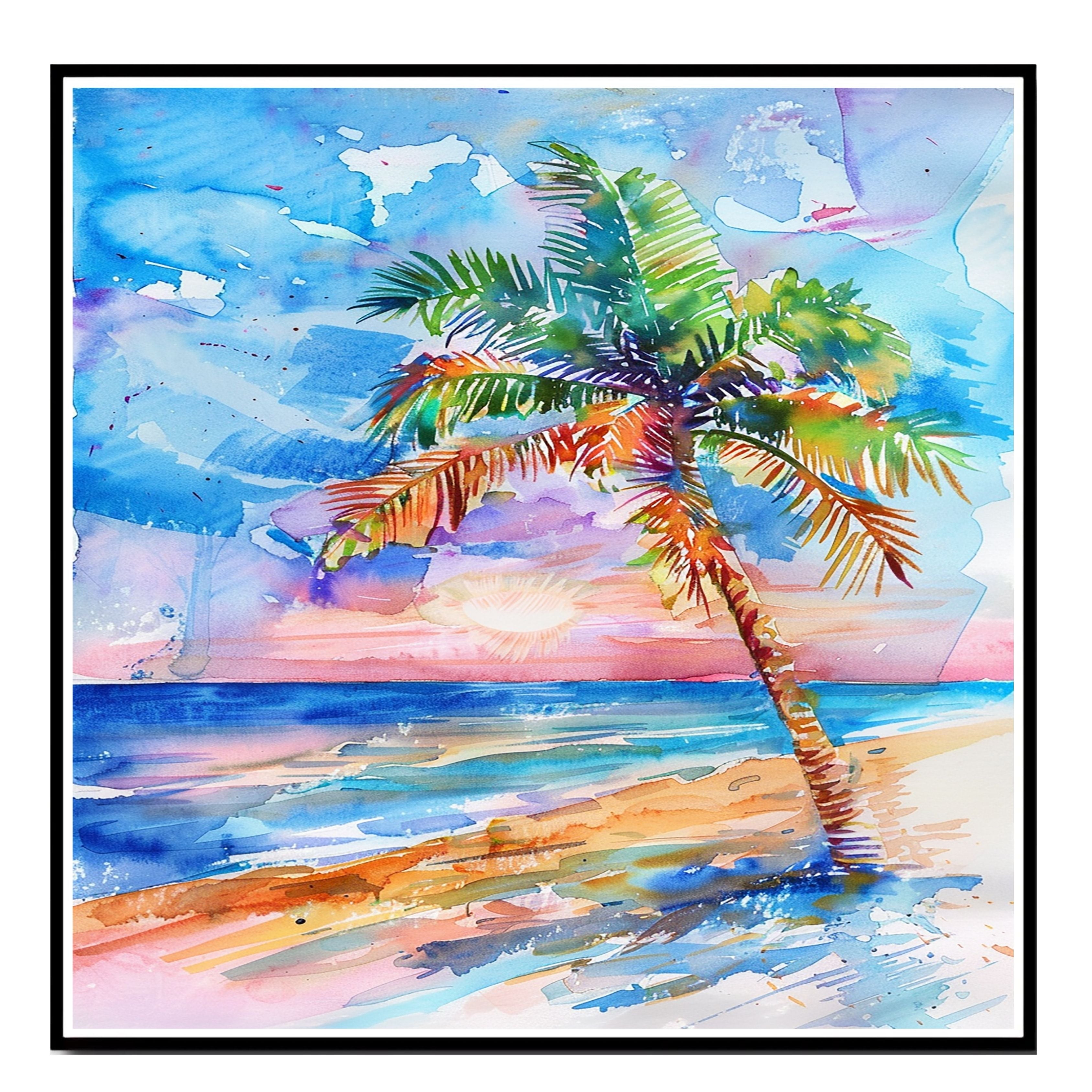 Colorful Palm Tree at Sunset by the Ocean Watercolor Painting Beach Scene on Ready to Hang 1.5" Thick Canvas Wrap, Floating Framed Canvas, Flat Rolled Canvas