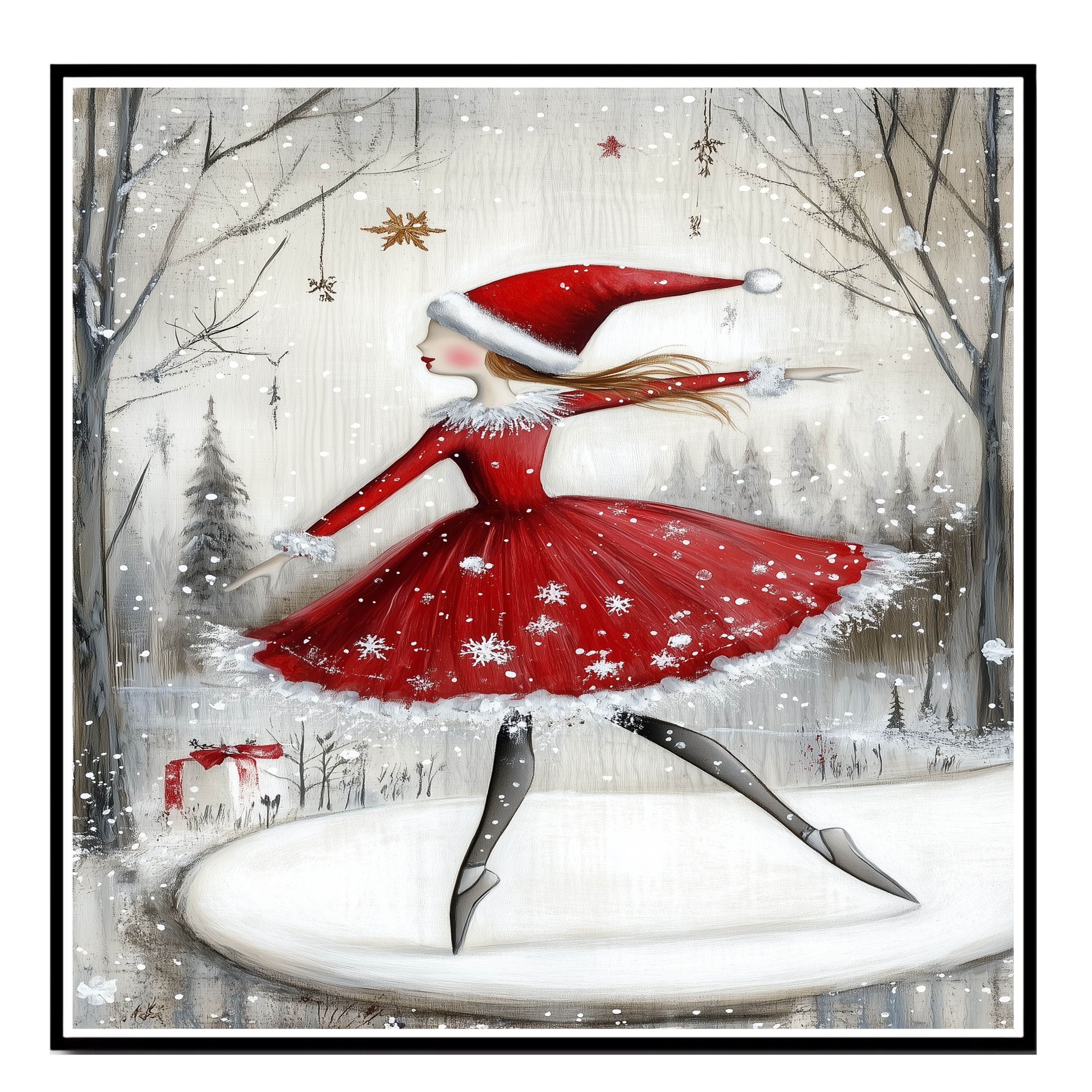 Christmas Wall Art Featuring Ballerina in Red Santa Dress Skating in Snowy Forest Enchanting Winter Holiday Artwork for Ballet Lovers and Festive Decor Enthusiasts on Ready to Hang 1.5" Thick Canvas Wrap, Floating Framed Canvas, Flat Rolled Canvas