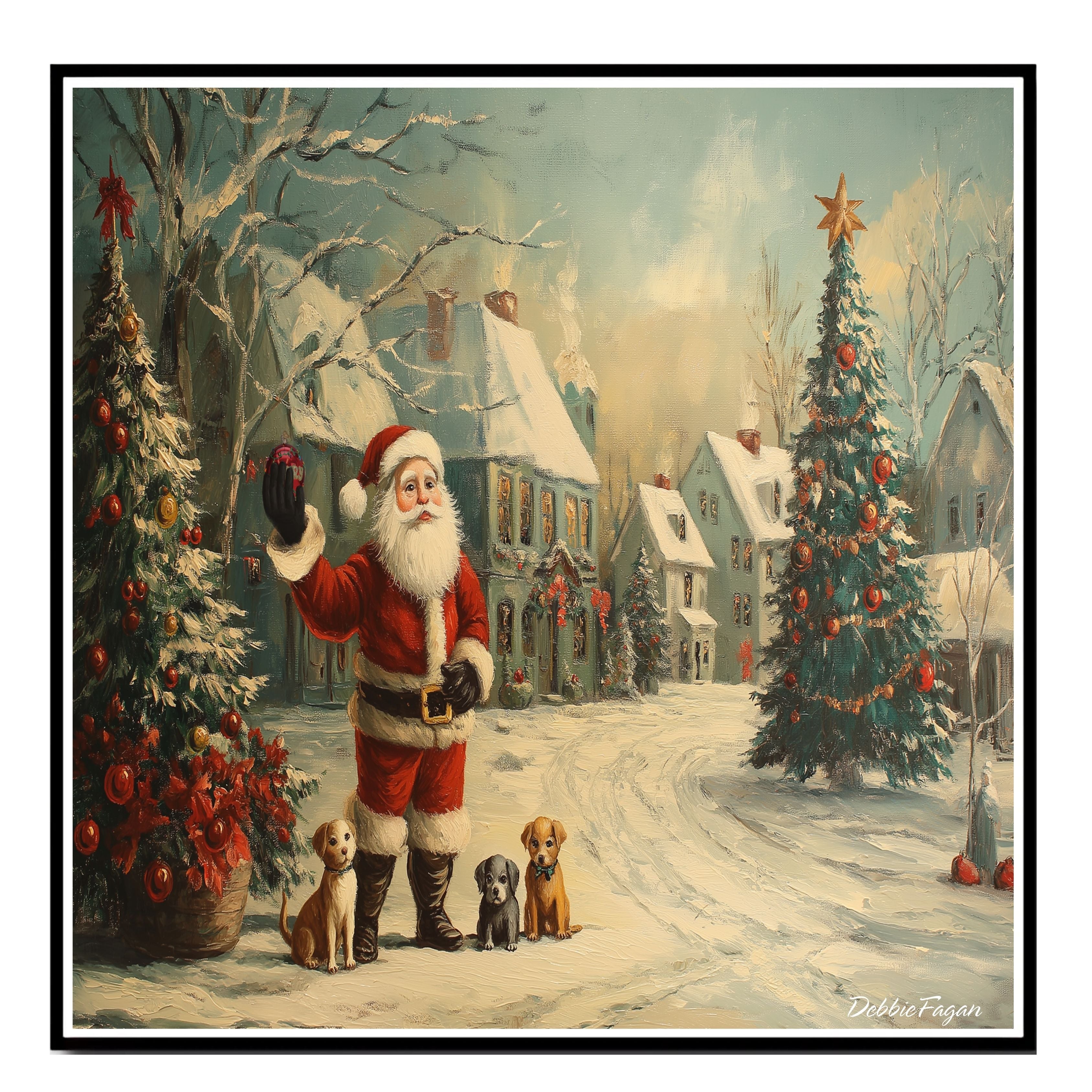 "Santa's Joyful Pups" - Heartwarming Scene of Santa with Adorable Puppies in a Festive Christmas Village on Ready to Hang 1.5" Thick Canvas Wrap, Floating Framed Canvas, Flat Rolled Canvas