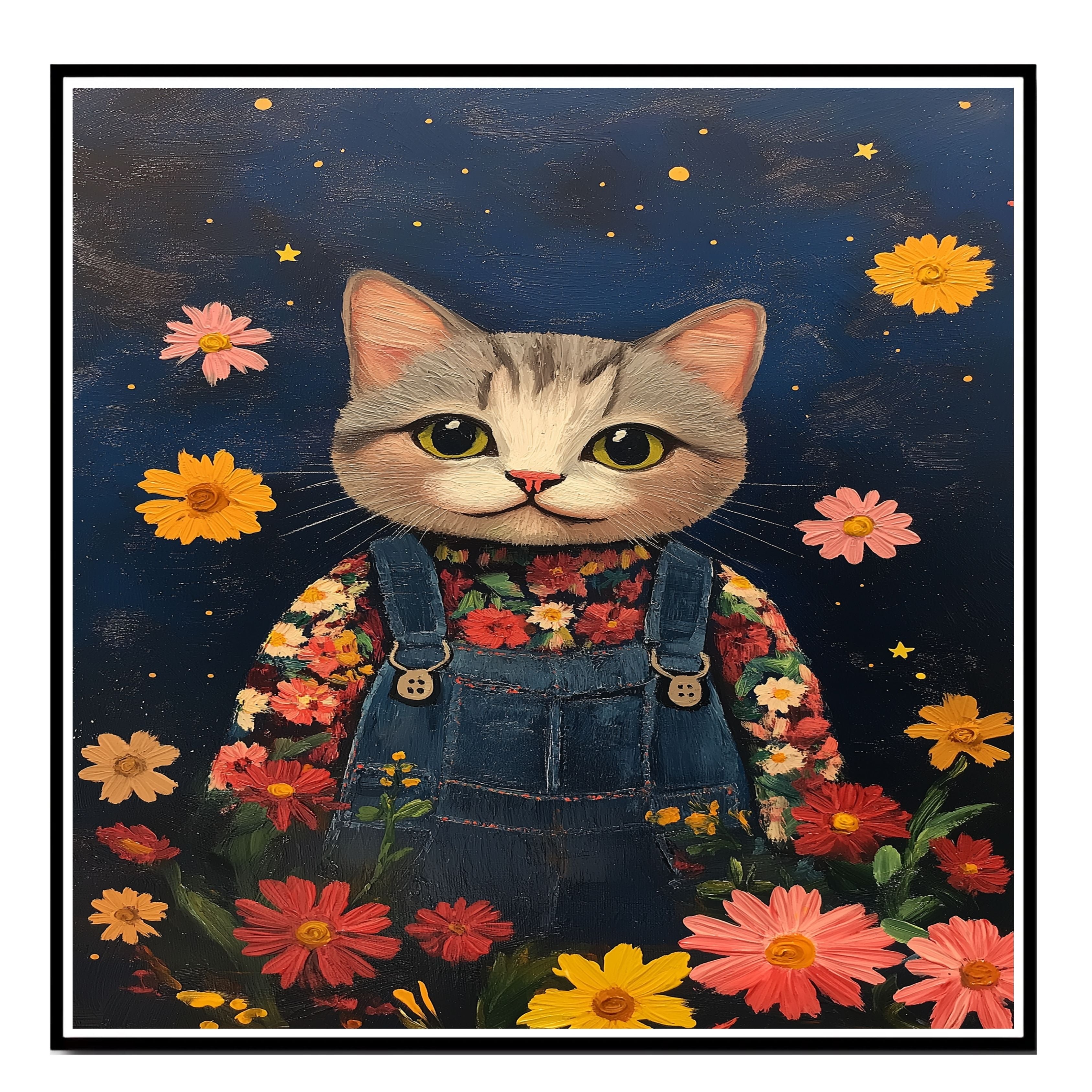 Adorable Gray Tabby Cat in Overalls Hand Painted Floral Art Whimsical Night Scene Perfect for Nursery Kids Room Bedroom Wall Decor or Gifts for Cat Lovers on Ready to Hang 1.5" Thick Canvas Wrap, Floating Framed Canvas, Flat Rolled Canvas