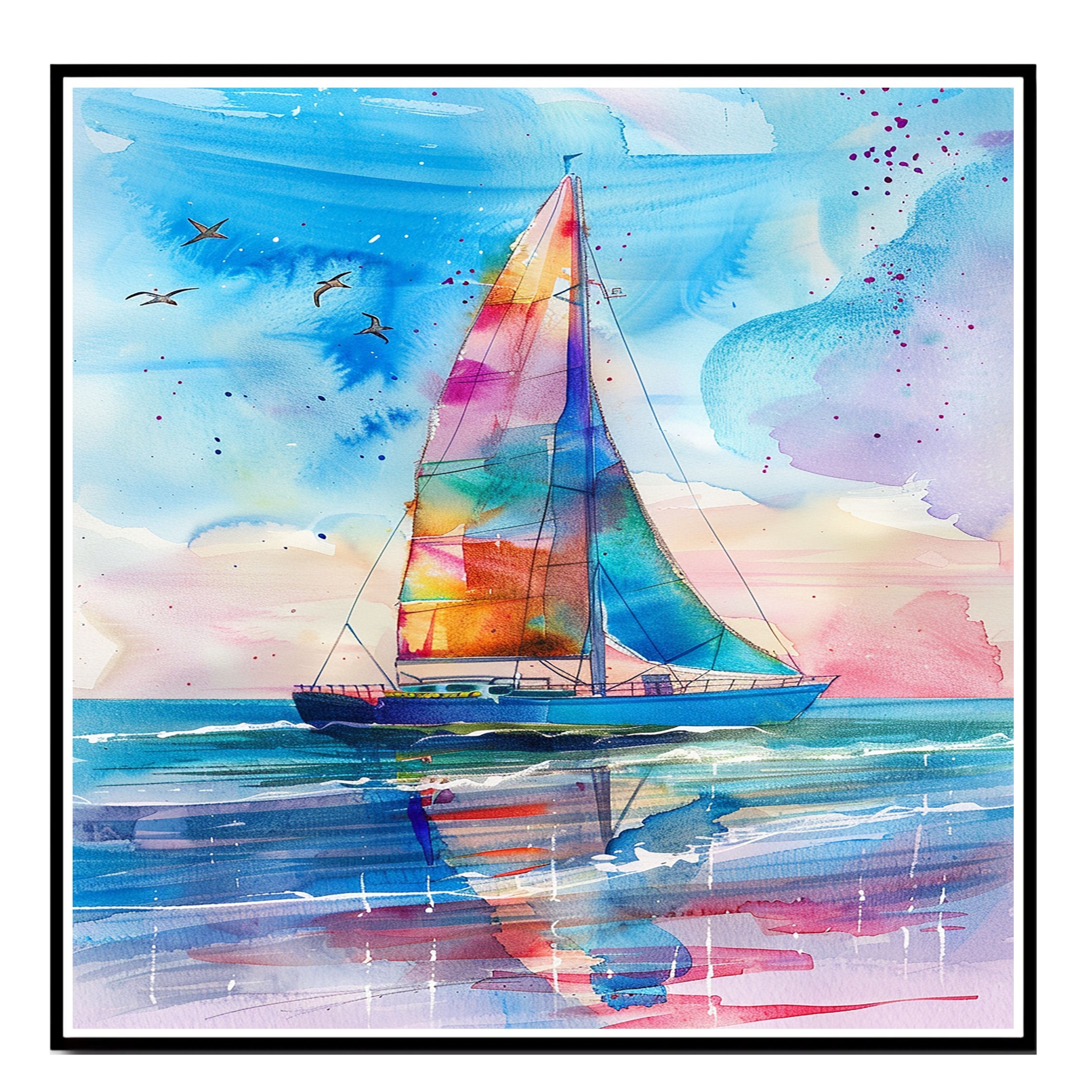 Colorful Sailboat Watercolor Painting with Ocean Reflections and Flying Birds Under Sunset Sky on Ready to Hang 1.5" Thick Canvas Wrap, Floating Framed Canvas, Flat Rolled Canvas