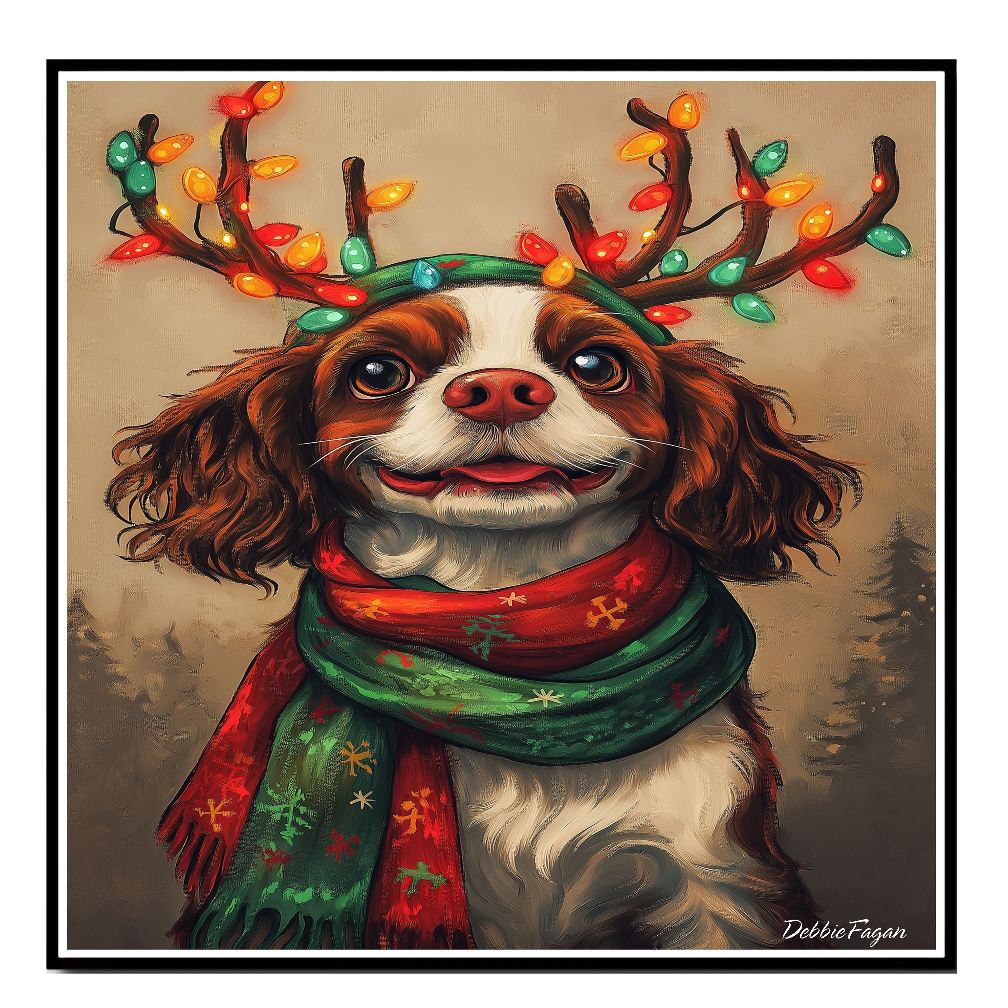 "Forest Frost" - Cavalier King Charles Dog with Lighted Antlers & Festive Scarf in Snowy Forest, Ready to Hang 1.5" Thick Canvas Wrap, Floating Framed Canvas, Flat Rolled Canvas