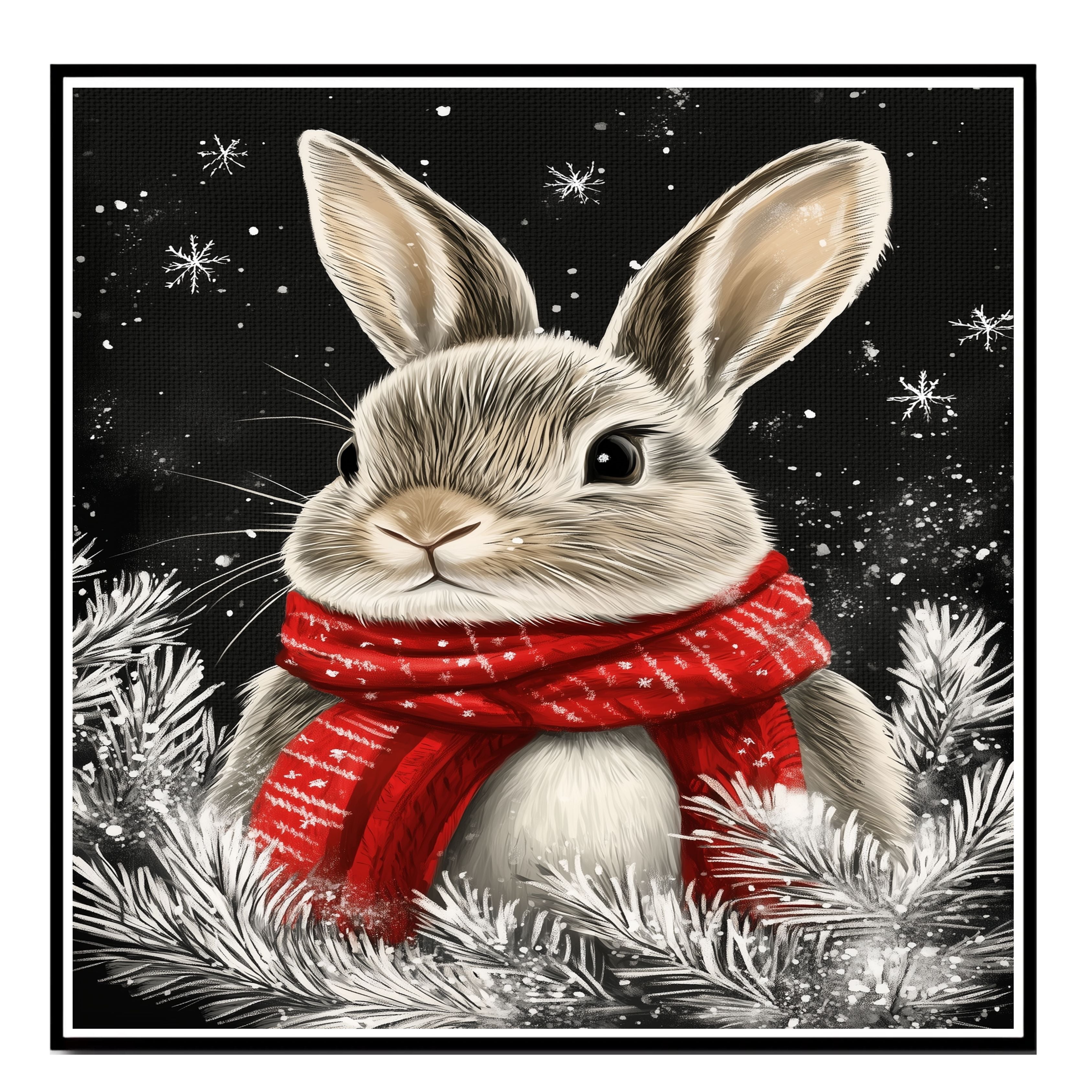 "Cozy Snow Bunny" - Bunny in Red Scarf Sitting in Winter Snow on Ready to Hang 1.5" Thick Canvas Wrap, Floating Framed Canvas, Flat Rolled Canvas