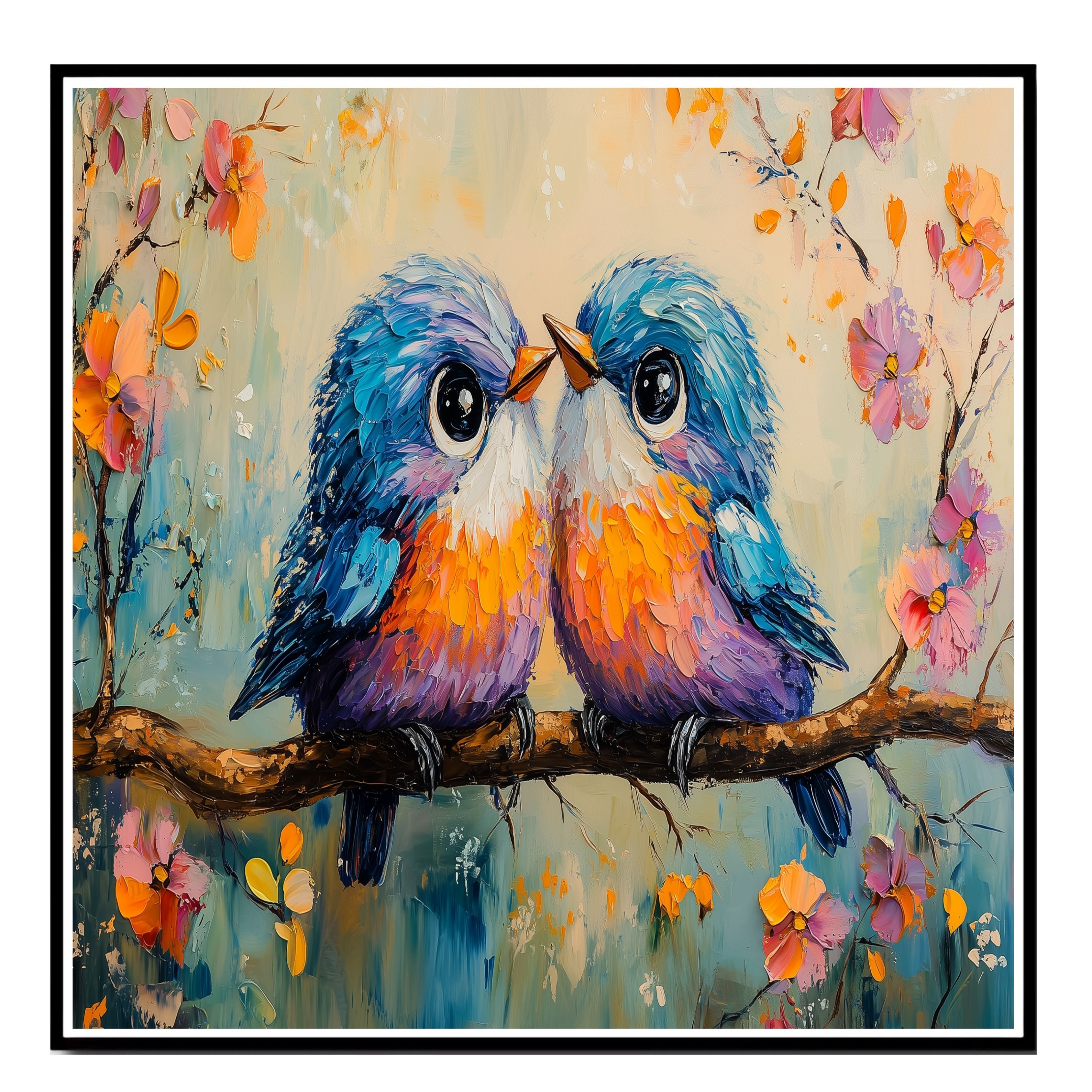 Painting of Two Cute Plump Birds Sitting Close Together on a Blossom Covered Branch with Bright Feathers Big Eyes and a Playful Springtime Background on Ready to Hang 1.5" Thick Canvas Wrap, Floating Framed Canvas, Flat Rolled Canvas