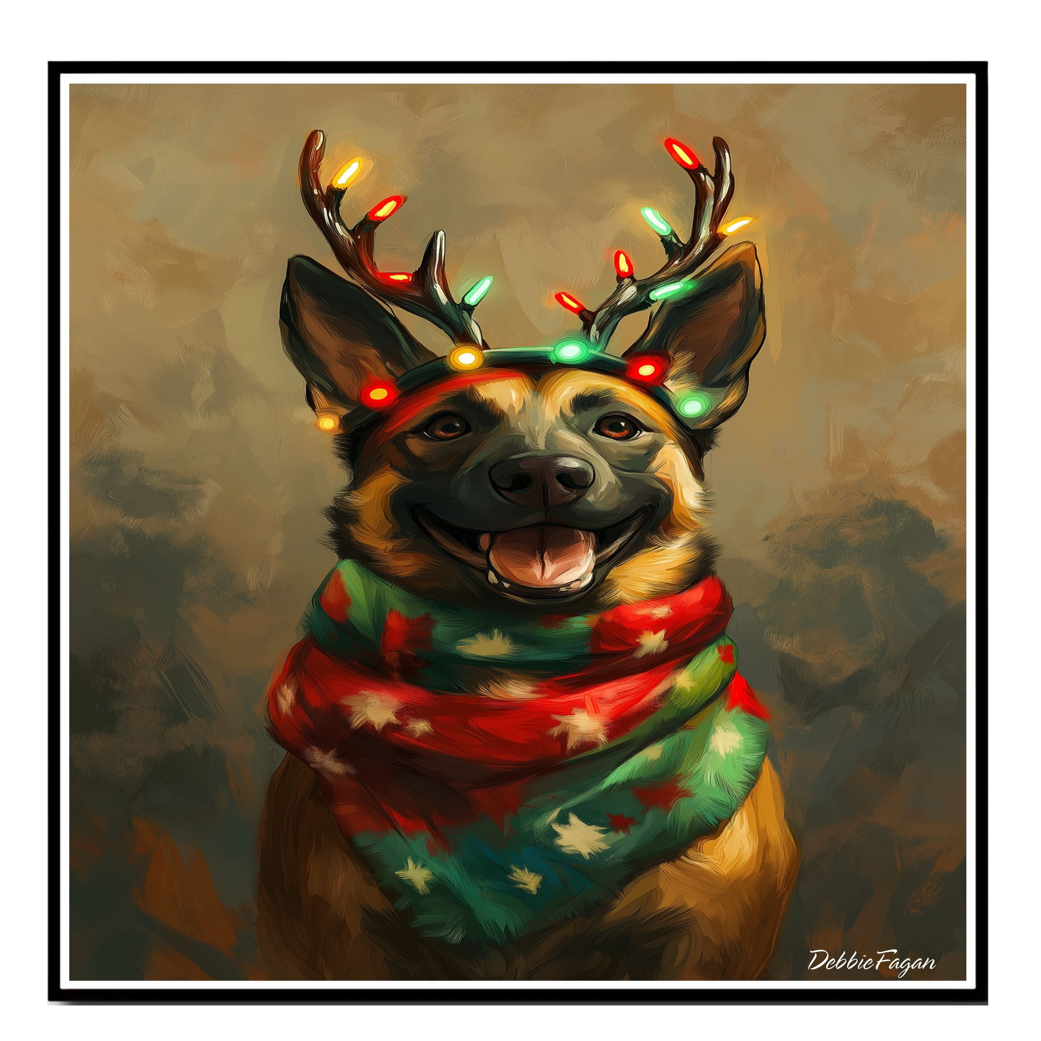 Rustic Antlers' - Belgian Malinois Dog with Lighted Antlers & Festive Scarf on Rustic Canvas, Ready to Hang 1.5" Thick Canvas Wrap, Floating Framed Canvas, Flat Rolled Canvas