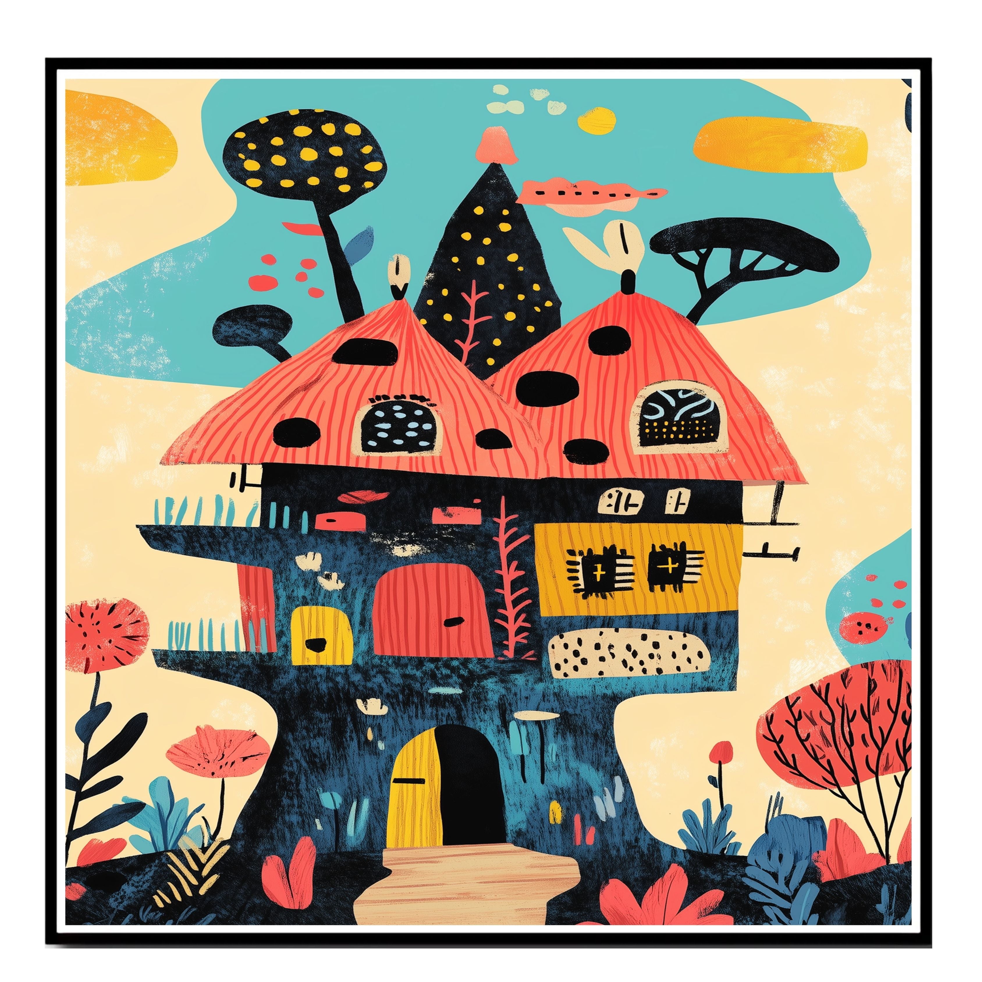 Whimsical Fantasy House with Bright Colors and Playful Mid-Century Modern Illustration Style on Ready to Hang 1.5" Thick Canvas Wrap, Floating Framed Canvas, Flat Rolled Canvas