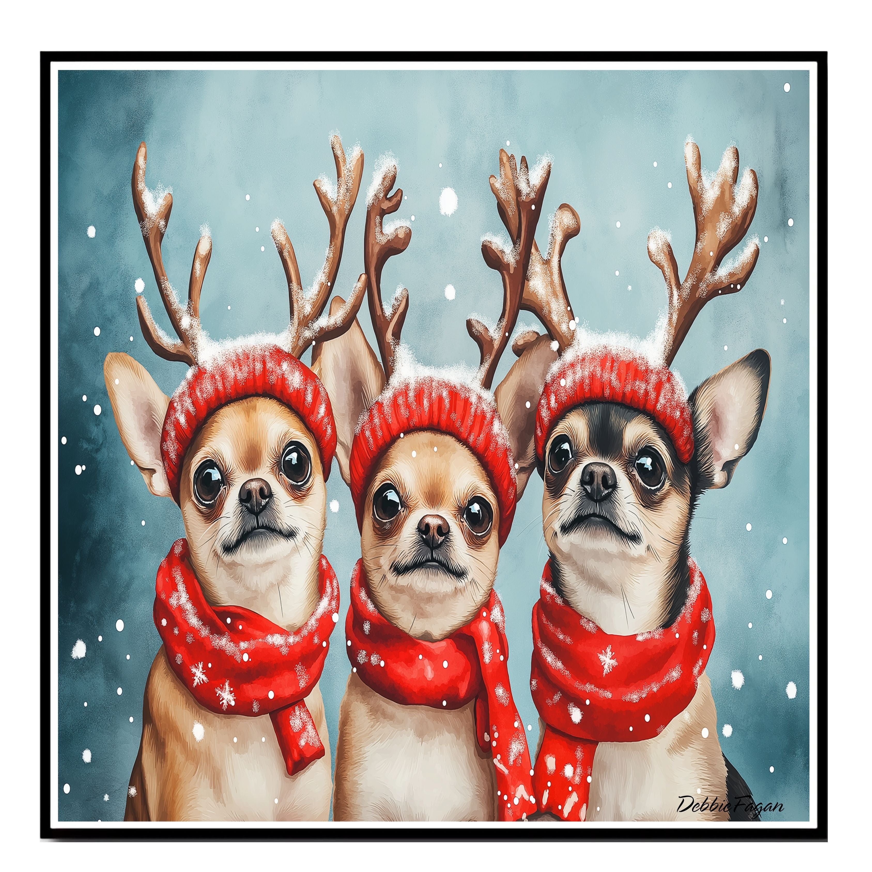 Dog Christmas Canvas  - "Chilly Chihuahuas" - Charming Chihuahua Dogs in Antlers Amidst Winter Snow on Ready to Hang 1.5" Thick Canvas Wrap, Floating Framed Canvas, Flat Rolled Canvas