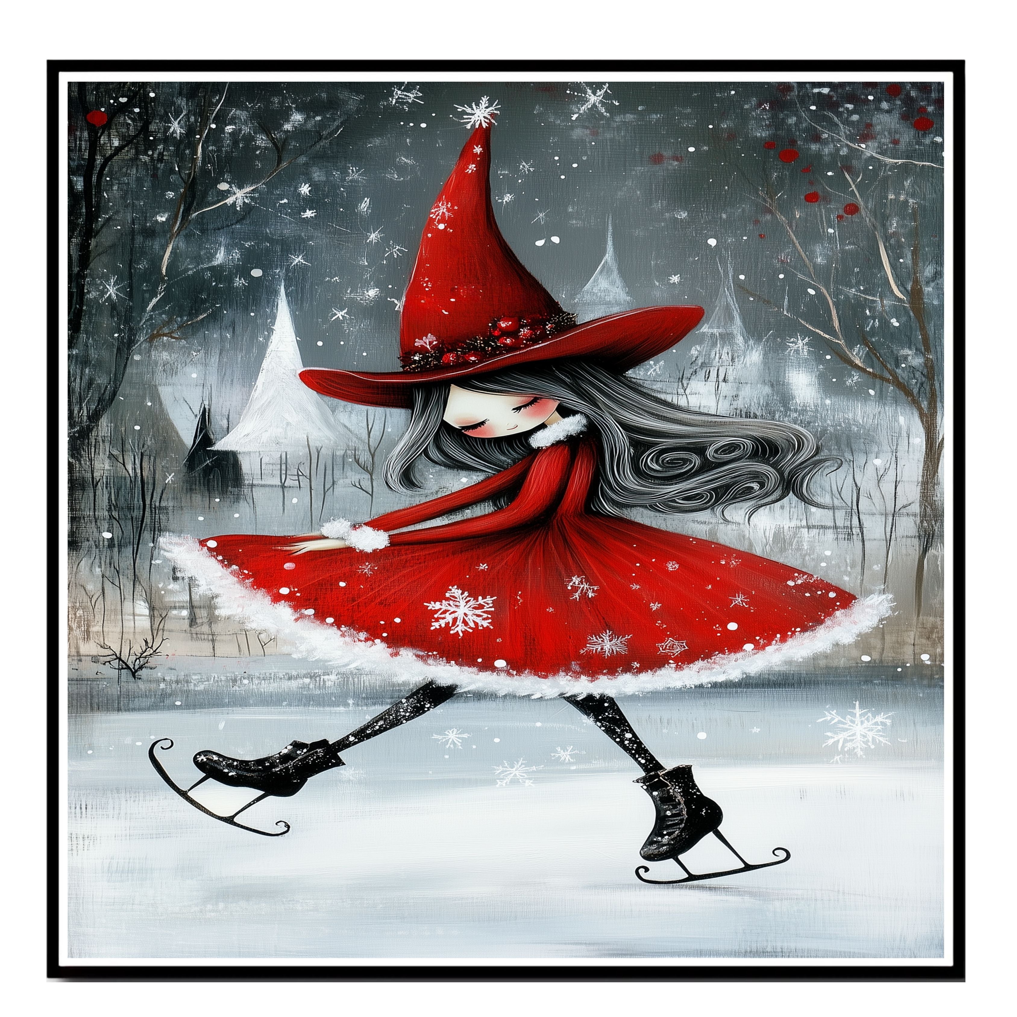 Whimsical Christmas Witch Ice Skating Art Print – Red Holiday Dress, Gothic Winter Magic Illustration, Enchanted Seasonal Wall Decor for Wiccan or Fairycore Vibes on Ready to Hang 1.5" Thick Canvas Wrap, Floating Framed Canvas, Flat Rolled Canvas