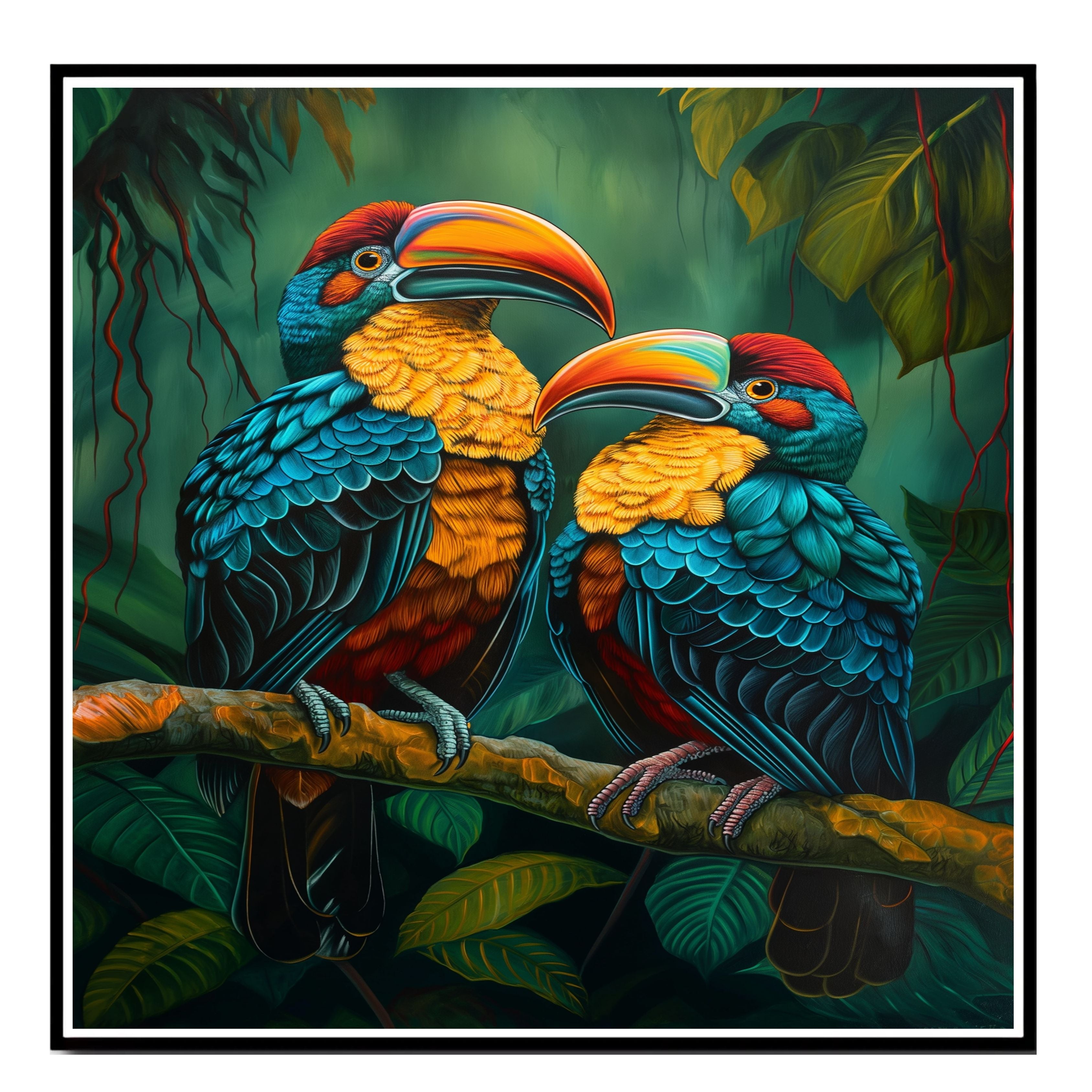 Colorful Toucan Pair Artwork Featuring Bright Beaks and Blue Plumage Perched in Lush Tropical Jungle with Rich Green Foliage and Bold Exotic Bird Details on Ready to Hang 1.5" Thick Canvas Wrap, Floating Framed Canvas, Flat Rolled Canvas