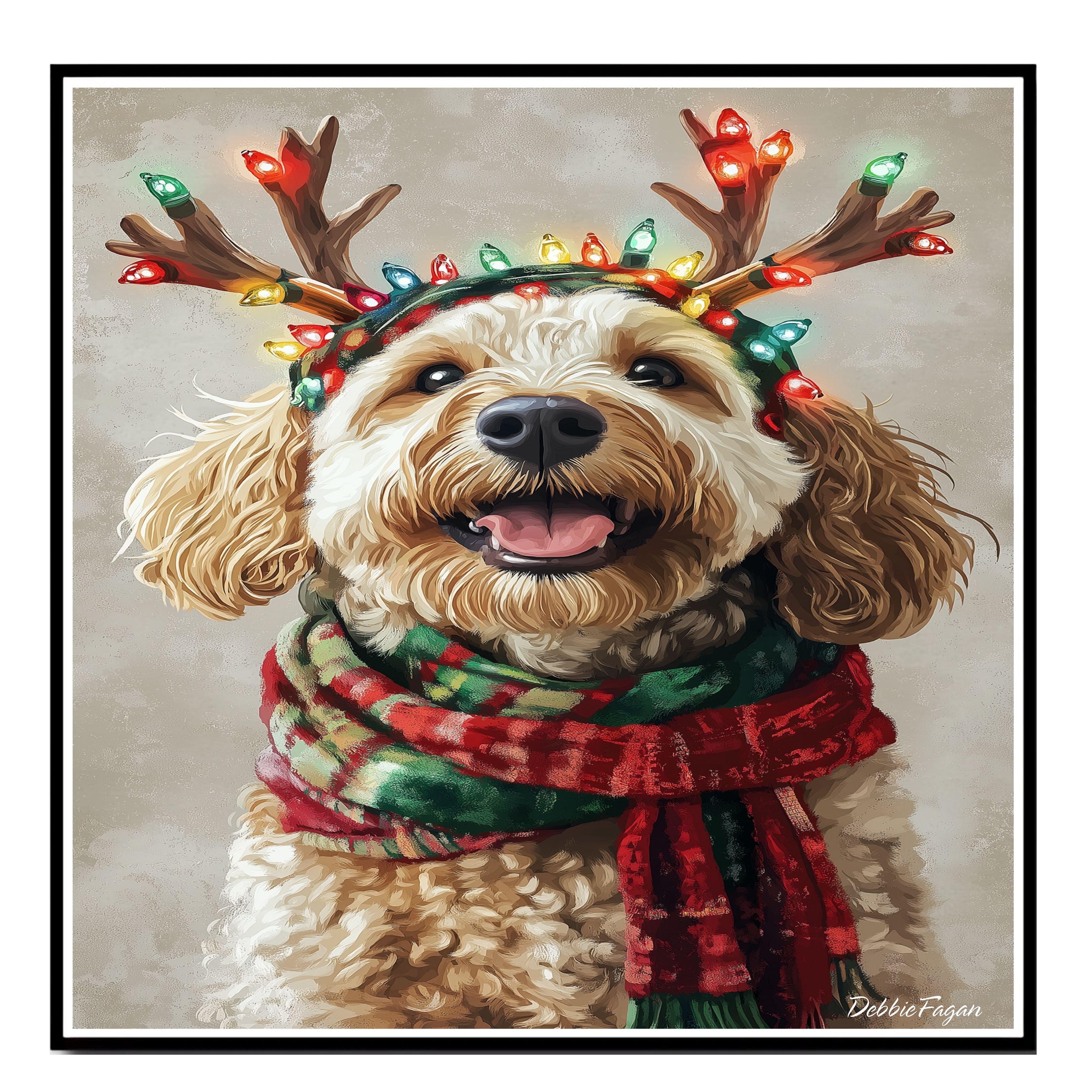 Rustic Joy - Bernedoodle Dog with Lighted Antlers & Cozy Scarf on Rustic Canvas, Ready to Hang 1.5" Thick Canvas Wrap, Floating Framed Canvas, Flat Rolled Canvas