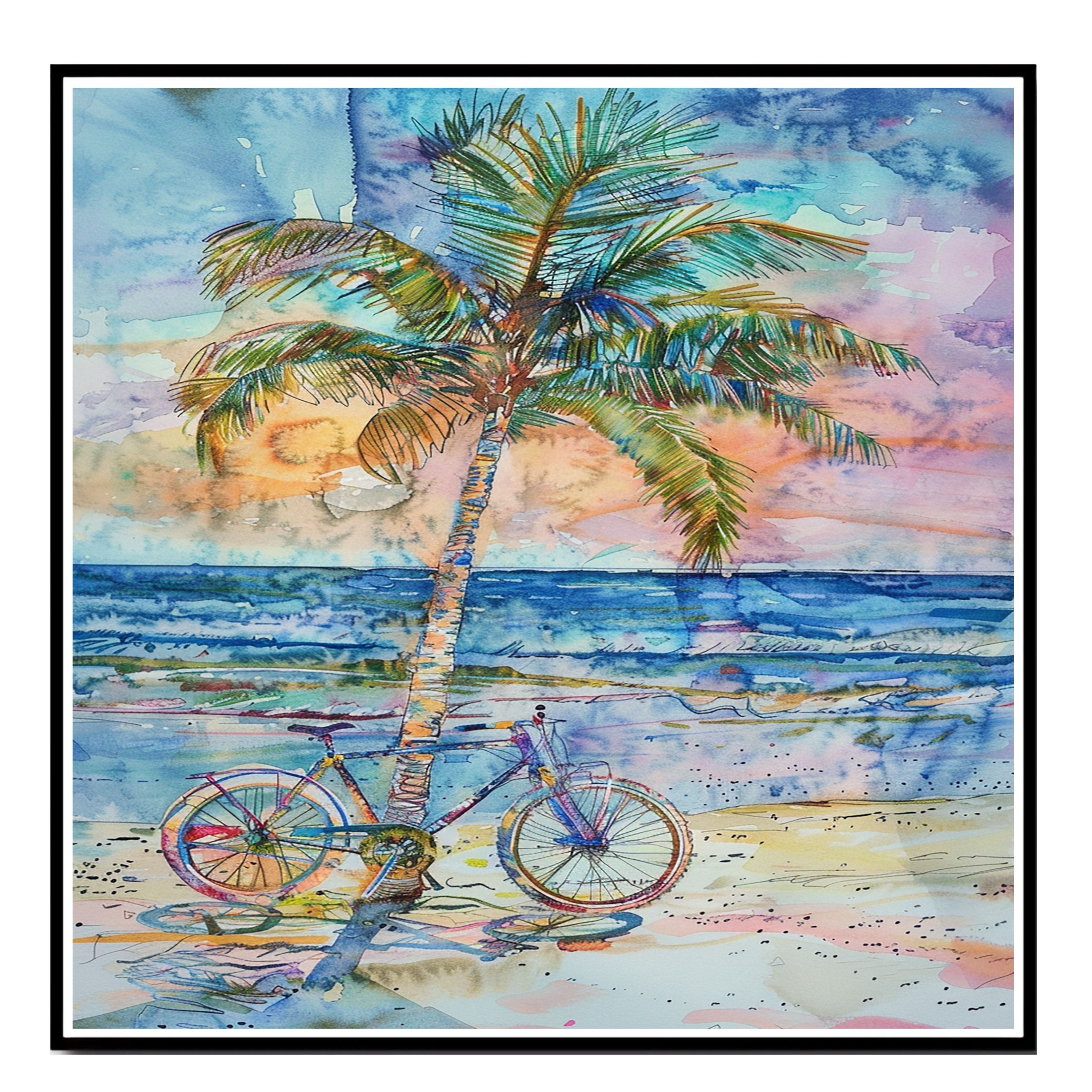 Palm Tree and Bicycle on the Beach Watercolor Painting with Vibrant Ocean Sunset on Ready to Hang 1.5" Thick Canvas Wrap, Floating Framed Canvas, Flat Rolled Canvas