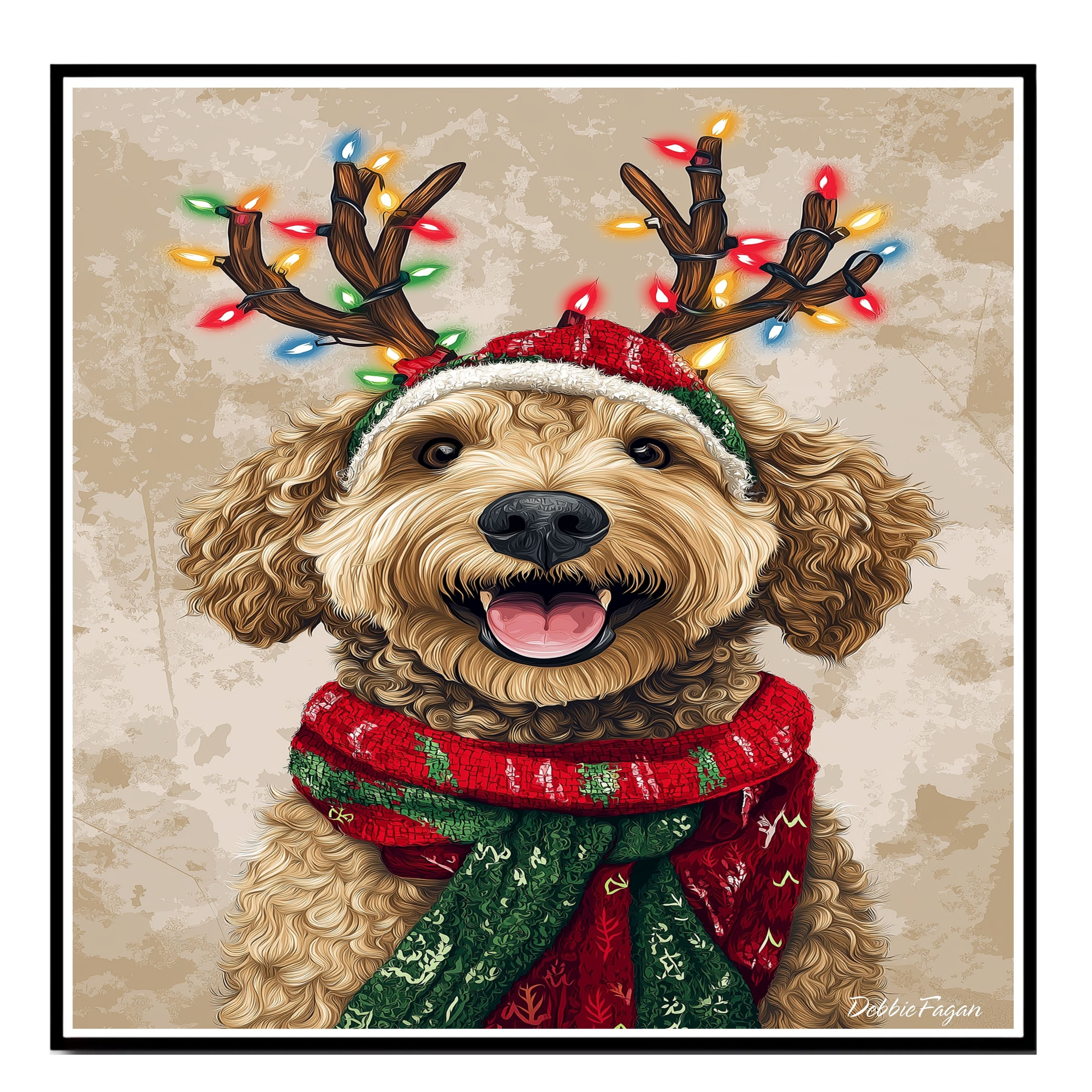 'Rustic Glow' - Bernedoodle Dog with Twinkling Antlers & Holiday Scarf on Rustic Background, Ready to Hang 1.5" Thick Canvas Wrap, Floating Framed Canvas, Flat Rolled Canvas