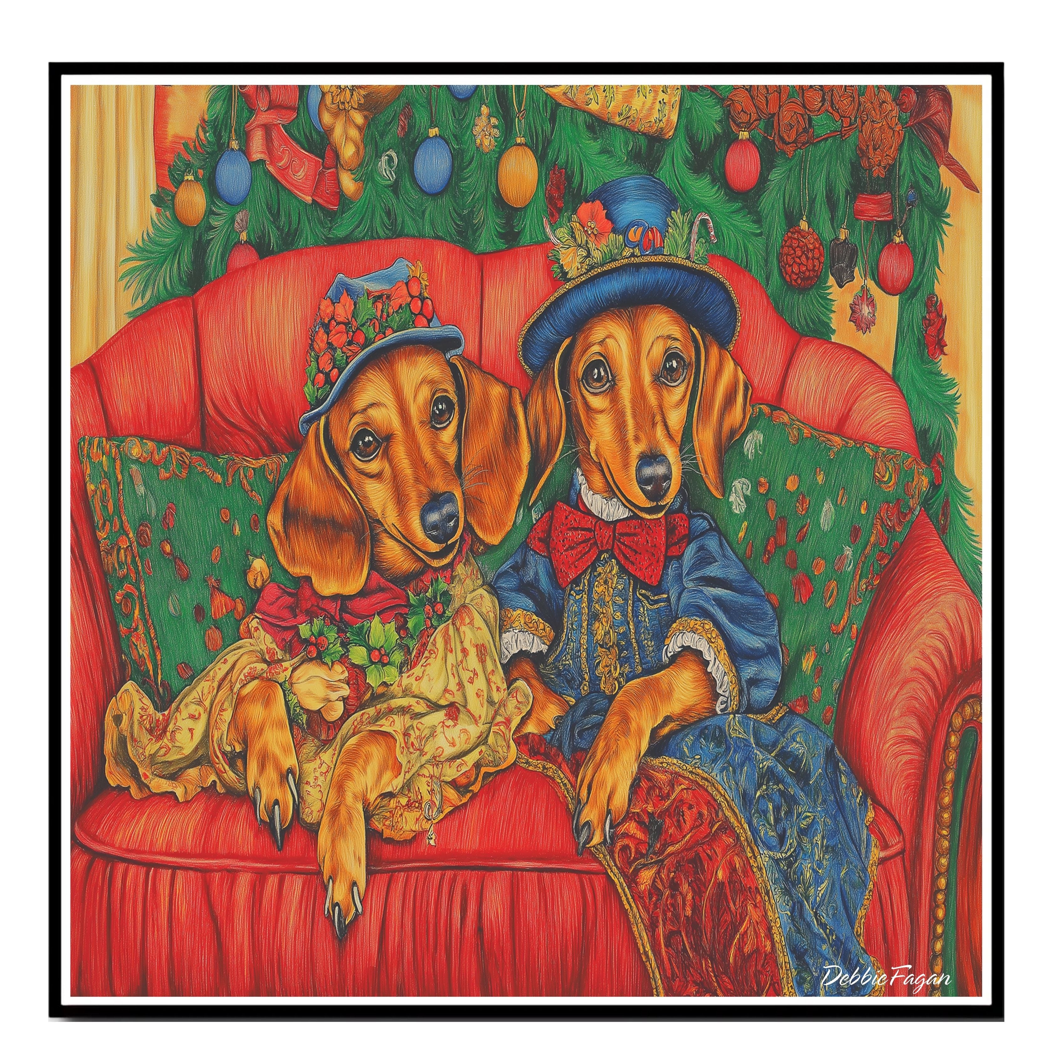 Wiener Christmas Canvas  - "Dachshund Serenity" - Elegant Doxie Dogs Lounging on a Vintage Red Ornate Sofa on Ready to Hang 1.5" Thick Canvas Wrap, Floating Framed Canvas, Flat Rolled Canvas