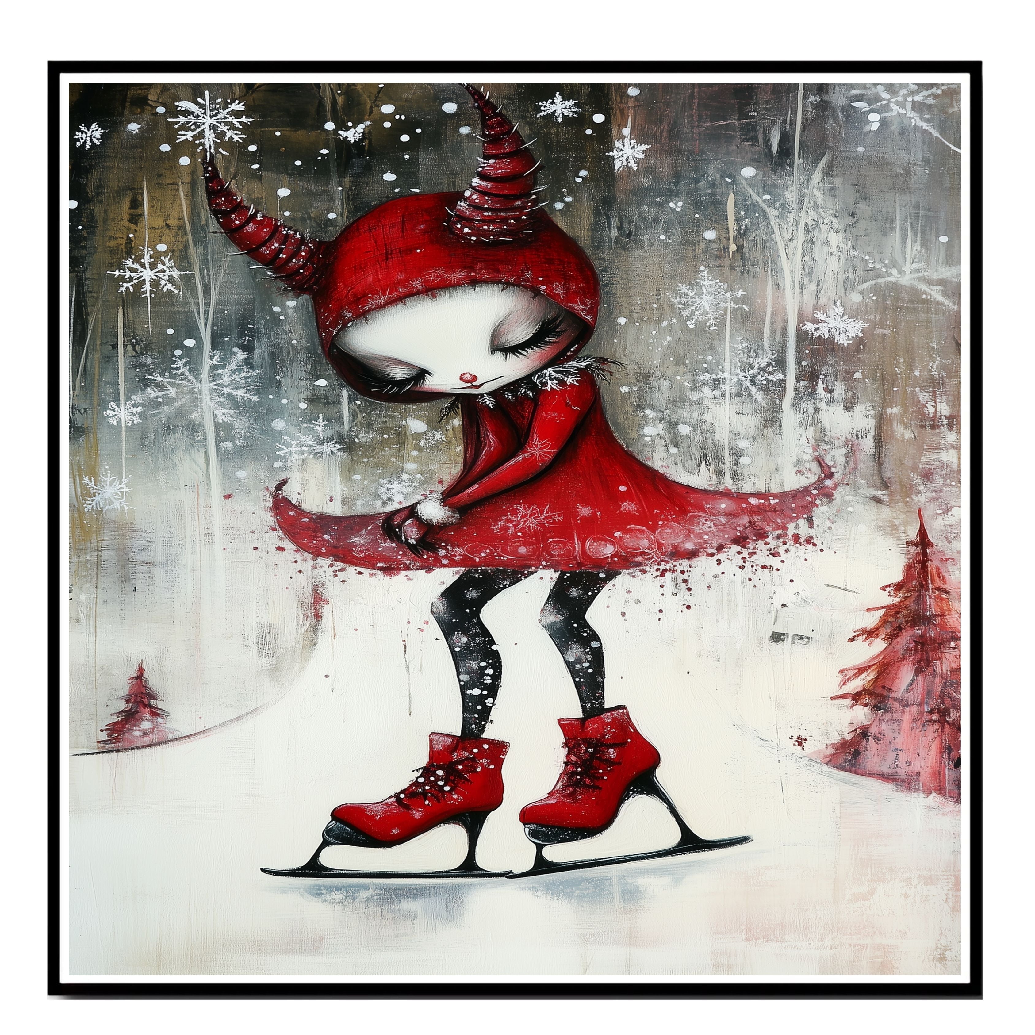 Whimsical Christmas Devil Girl Ice Skating in Red Hood and Dress Fantasy Winter Art Print or Canvas for Holiday Decor and Unique Gothic Gift on Ready to Hang 1.5" Thick Canvas Wrap, Floating Framed Canvas, Flat Rolled Canvas