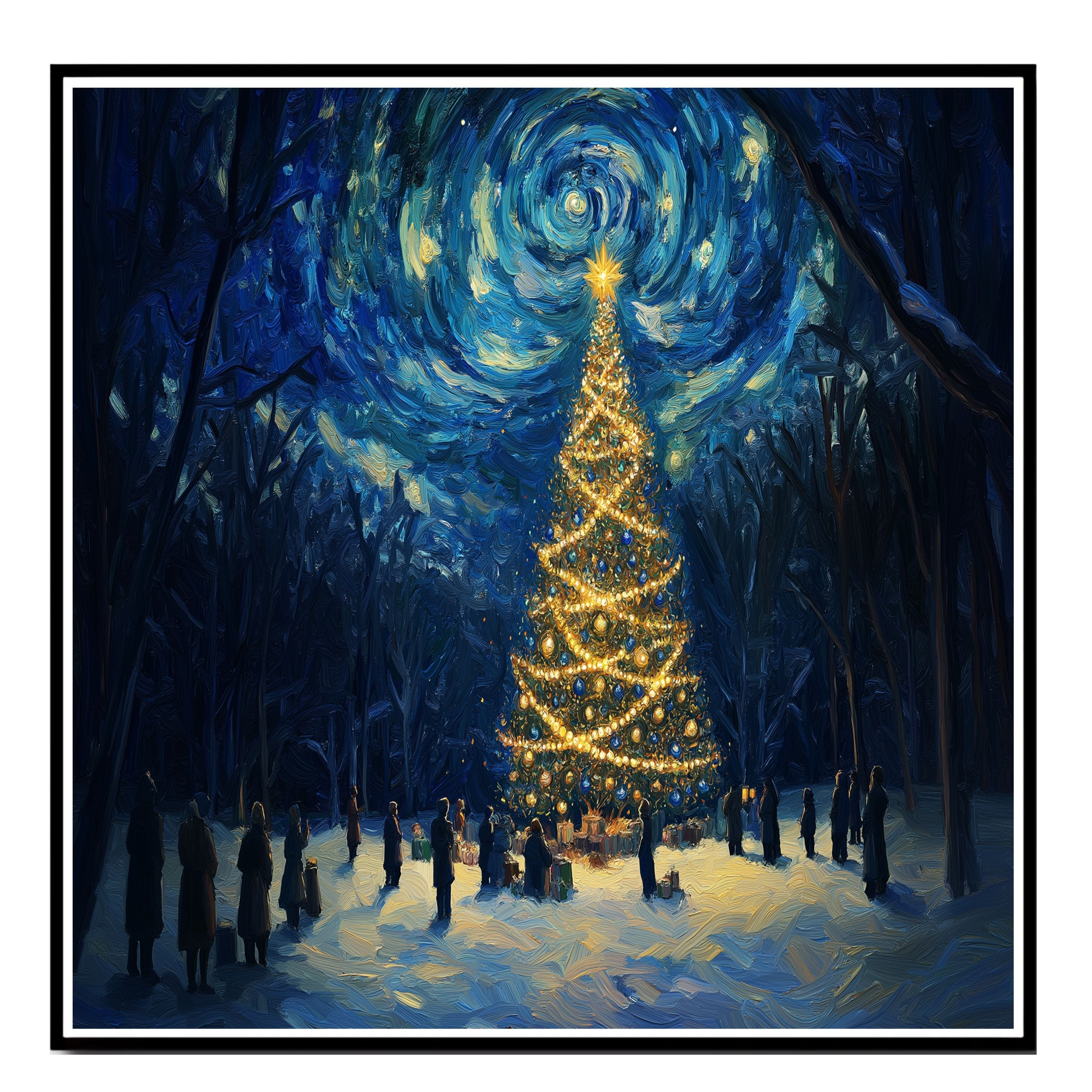 Magical Christmas Scene with Glowing Tree and Swirling Starry Sky, Winter Night Celebration with People in a Snowy Forest Surrounded by Gifts and Light on Ready to Hang 1.5" Thick Canvas Wrap, Floating Framed Canvas, Flat Rolled Canvas