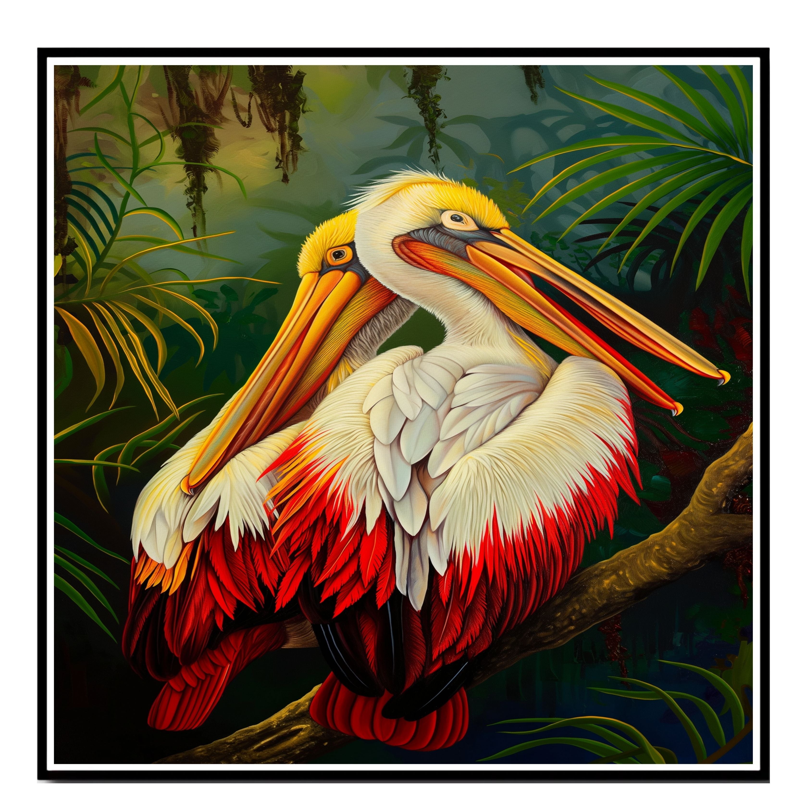 Pair of White and Red Pelicans with Golden Beaks Resting on a Jungle Branch Surrounded by Lush Tropical Foliage in a Vibrant Rainforest Setting on Ready to Hang 1.5" Thick Canvas Wrap, Floating Framed Canvas, Flat Rolled Canvas