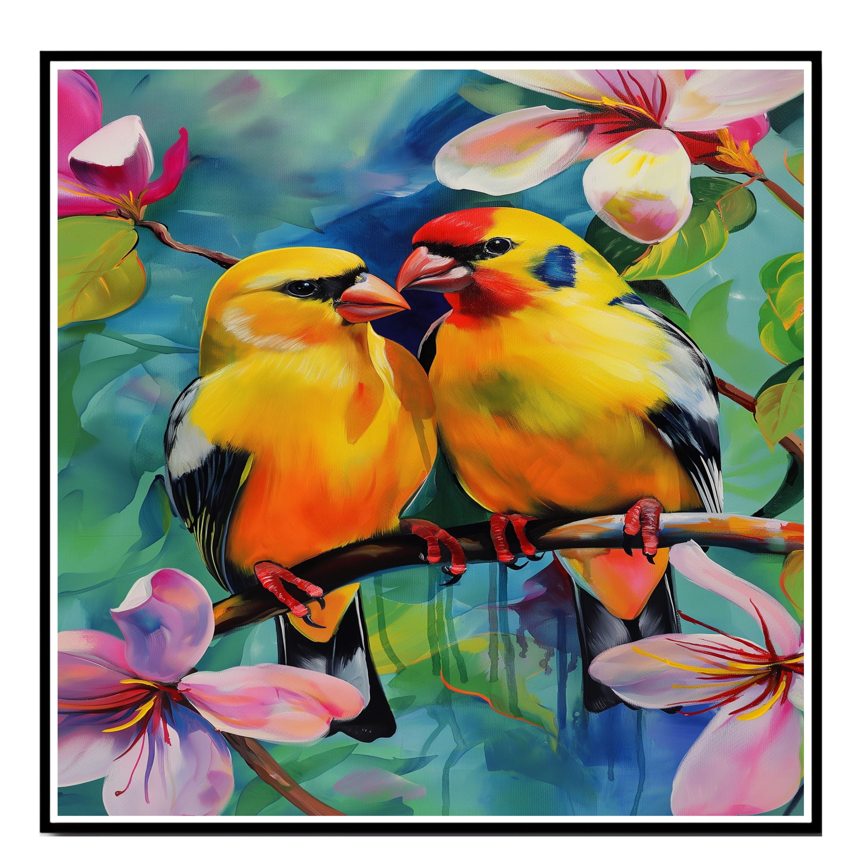 Charming Yellow Bird Pair Artwork Featuring Bright Plumage and Blossoms on a Branch with a Lush Floral Background in Vivid Colors and Whimsical Style on Ready to Hang 1.5" Thick Canvas Wrap, Floating Framed Canvas, Flat Rolled Canvas