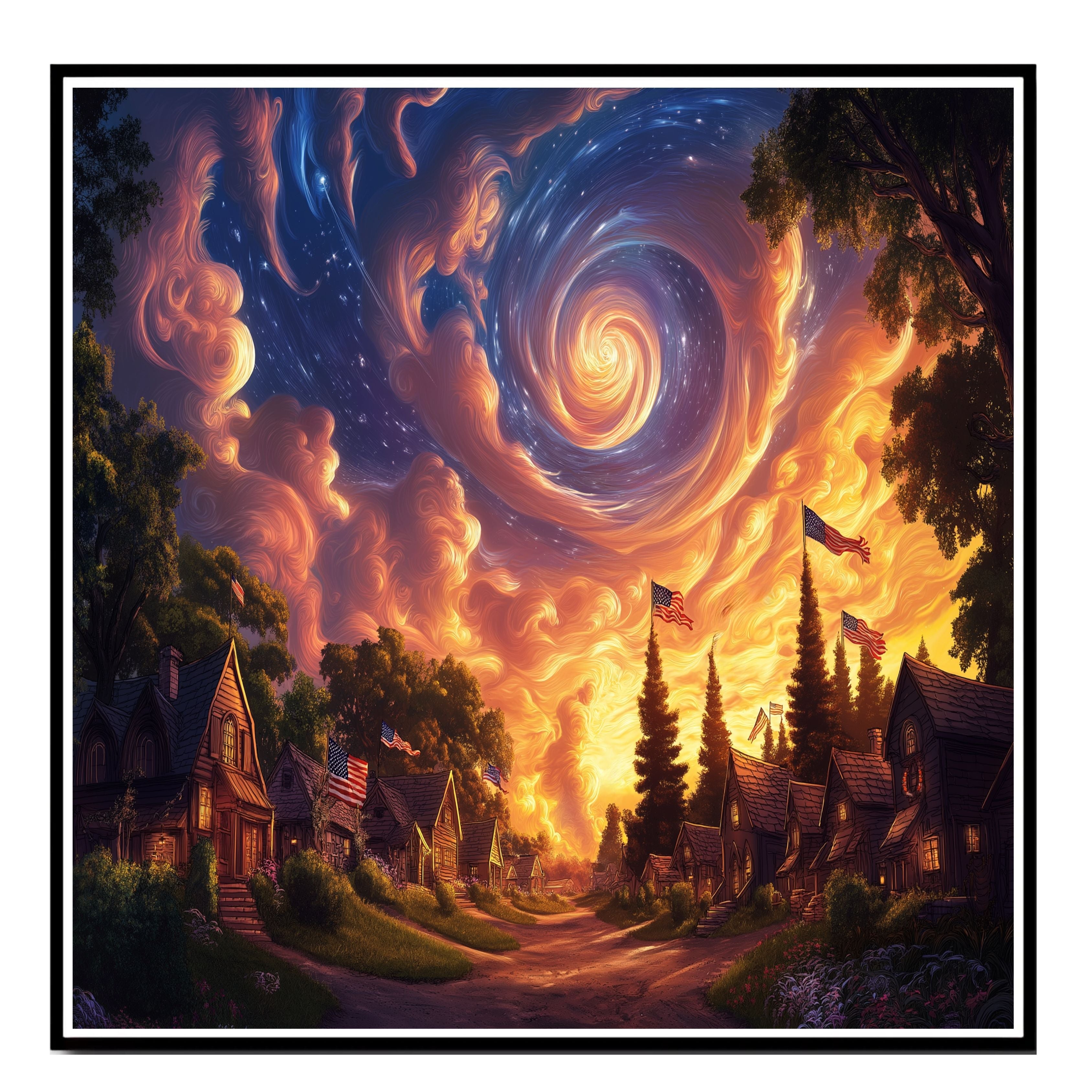 Glowing 4th of July Village at Dusk with Swirling Sky and Flags, Whimsical Americana Scene with Magical Clouds, Starlight, and Patriotic Celebration on Ready to Hang 1.5" Thick Canvas Wrap, Floating Framed Canvas, Flat Rolled Canvas