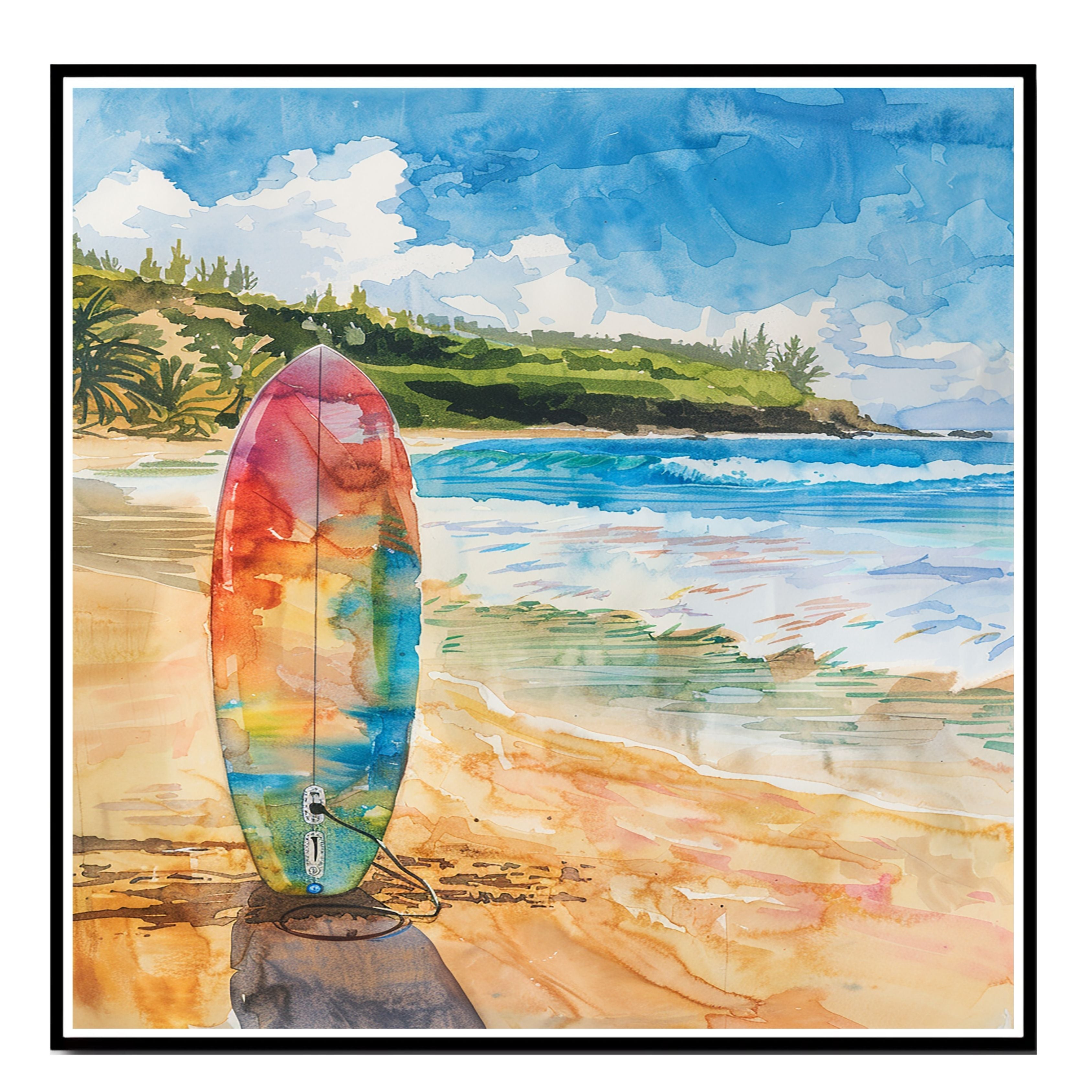 Watercolor Painting of a Multicolored Surfboard on a Tropical Beach with Ocean Waves and Green Coastal Hills in the Background on Ready to Hang 1.5" Thick Canvas Wrap, Floating Framed Canvas, Flat Rolled Canvas