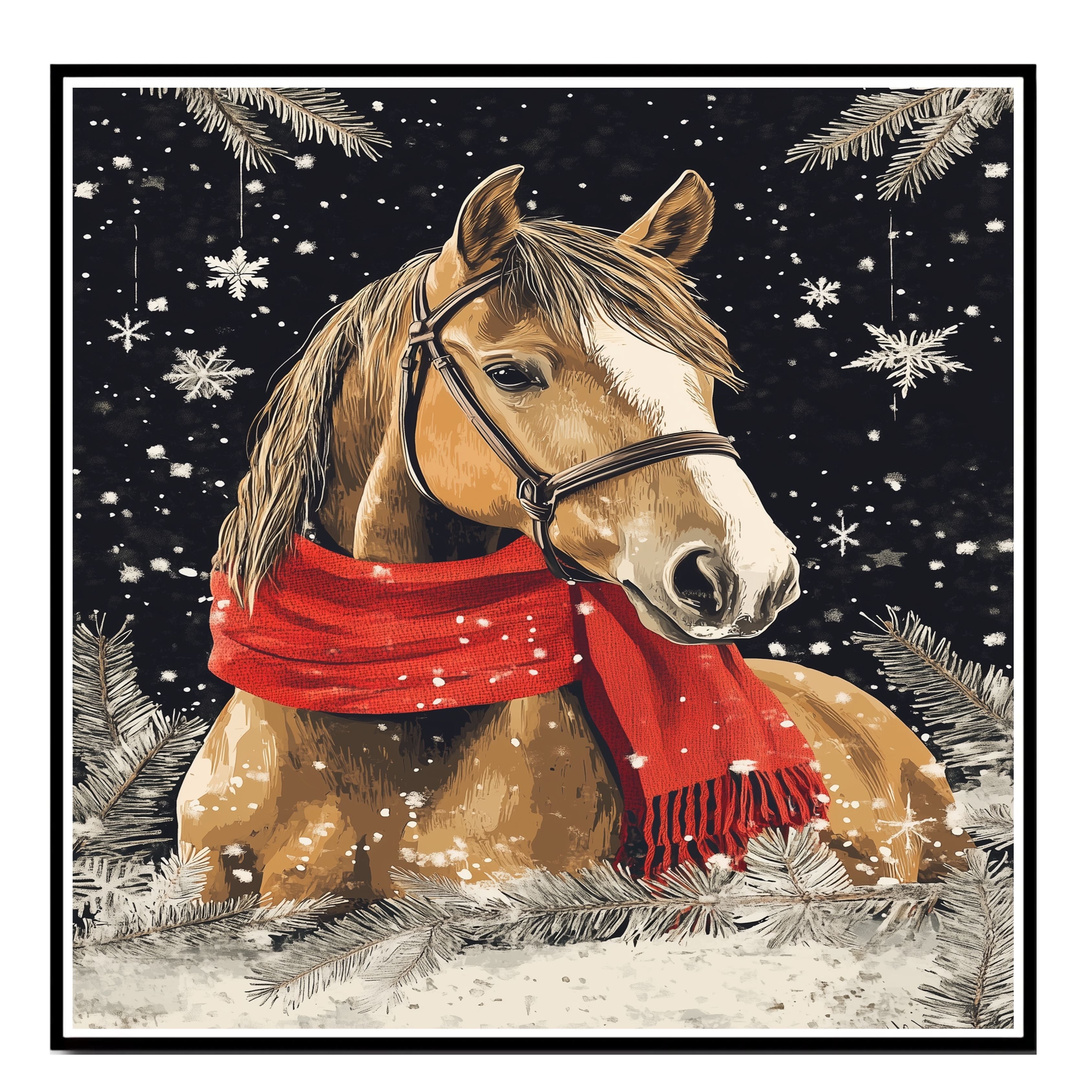 "Frosted Grace Horse" - Horse in Red Scarf Standing in Snowy Winter Scene on Ready to Hang 1.5" Thick Canvas Wrap, Floating Framed Canvas, Flat Rolled Canvas