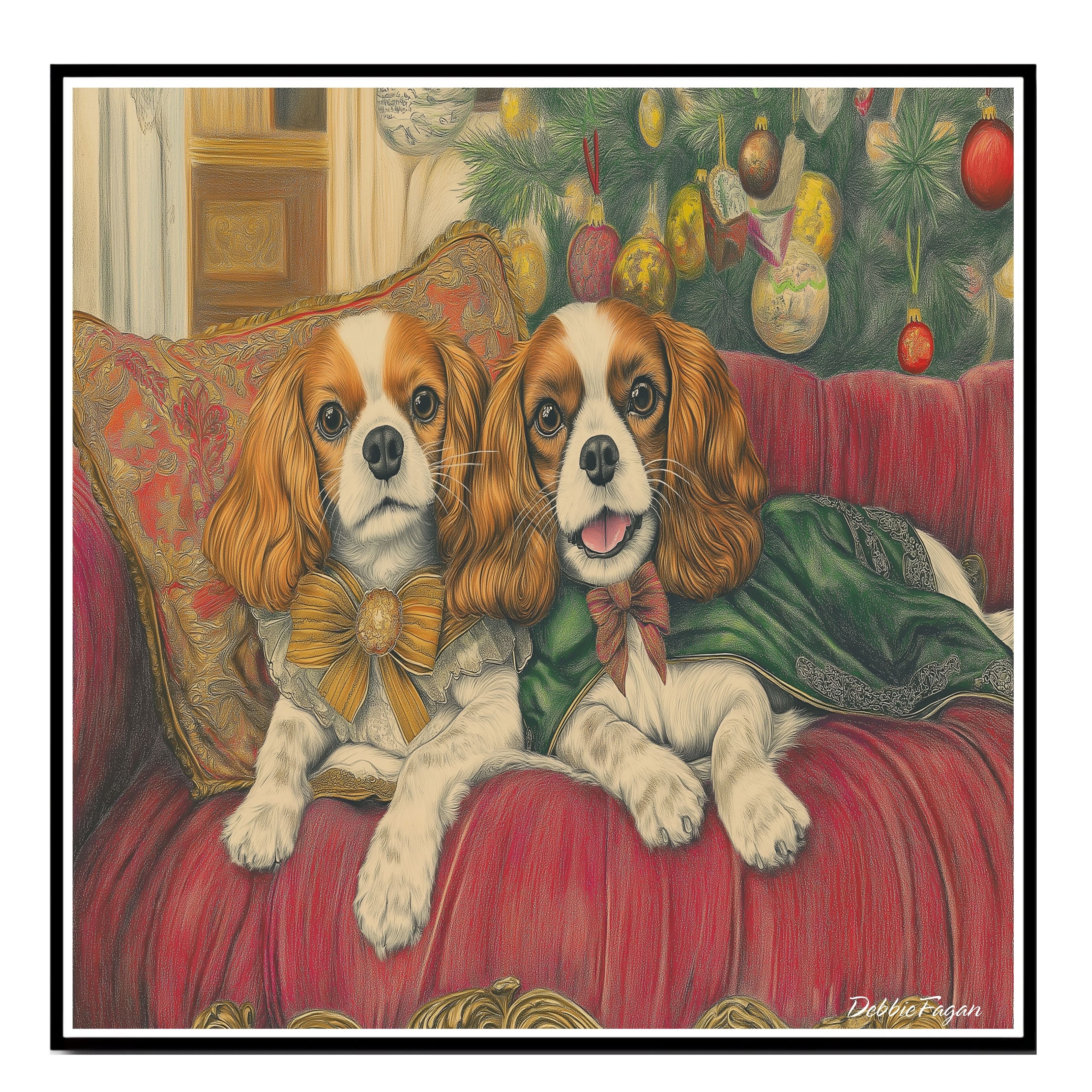 Dog Christmas Canvas - "Regal Retreat" - Elegant Cavalier King Charles Spaniel Lounging on a Vintage Red Ornate Sofa on Ready to Hang 1.5" Thick Canvas Wrap, Floating Framed Canvas, Flat Rolled Canvas