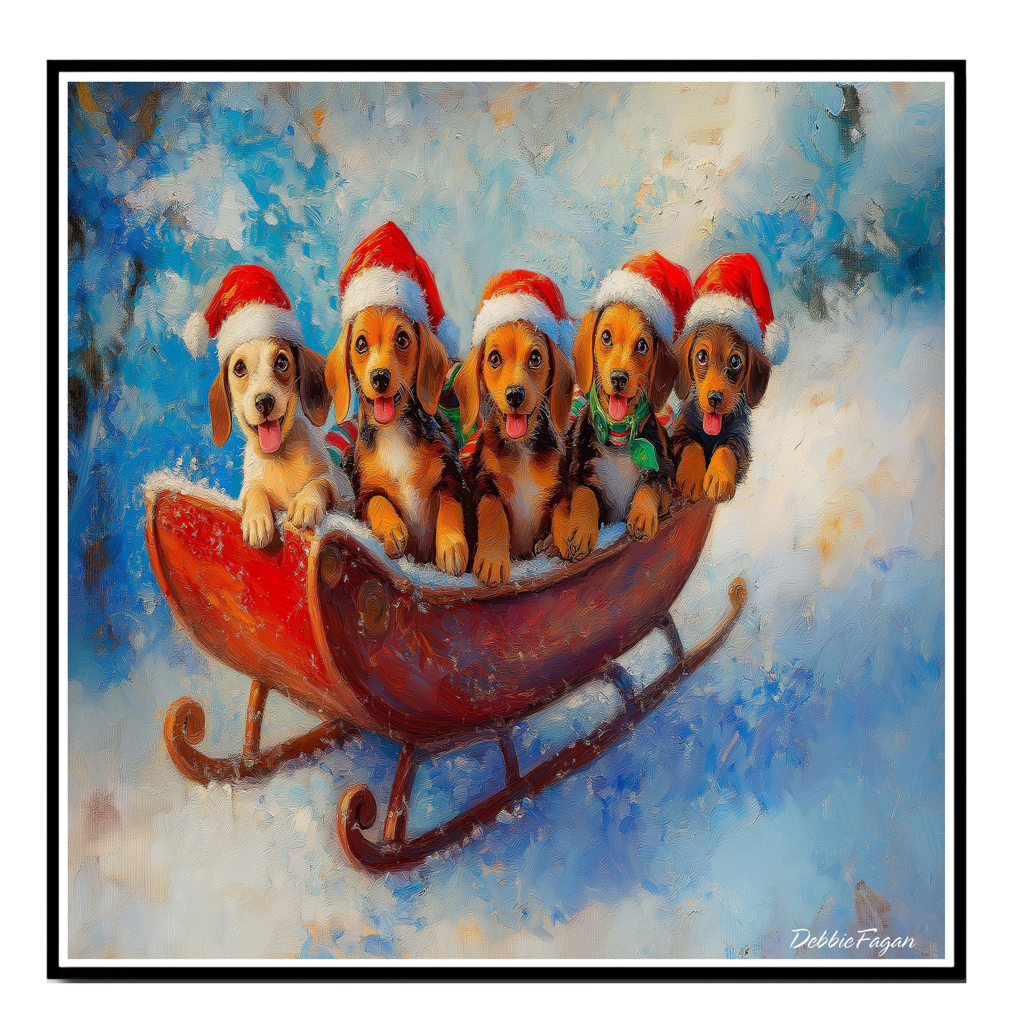 Dog Christmas Canvas  - "Puppy Joyride" - Adorable Puppies in Santa Hats on a Sleigh in Winter Wonderland on Ready to Hang 1.5" Thick Canvas Wrap, Floating Framed Canvas, Flat Rolled Canvas