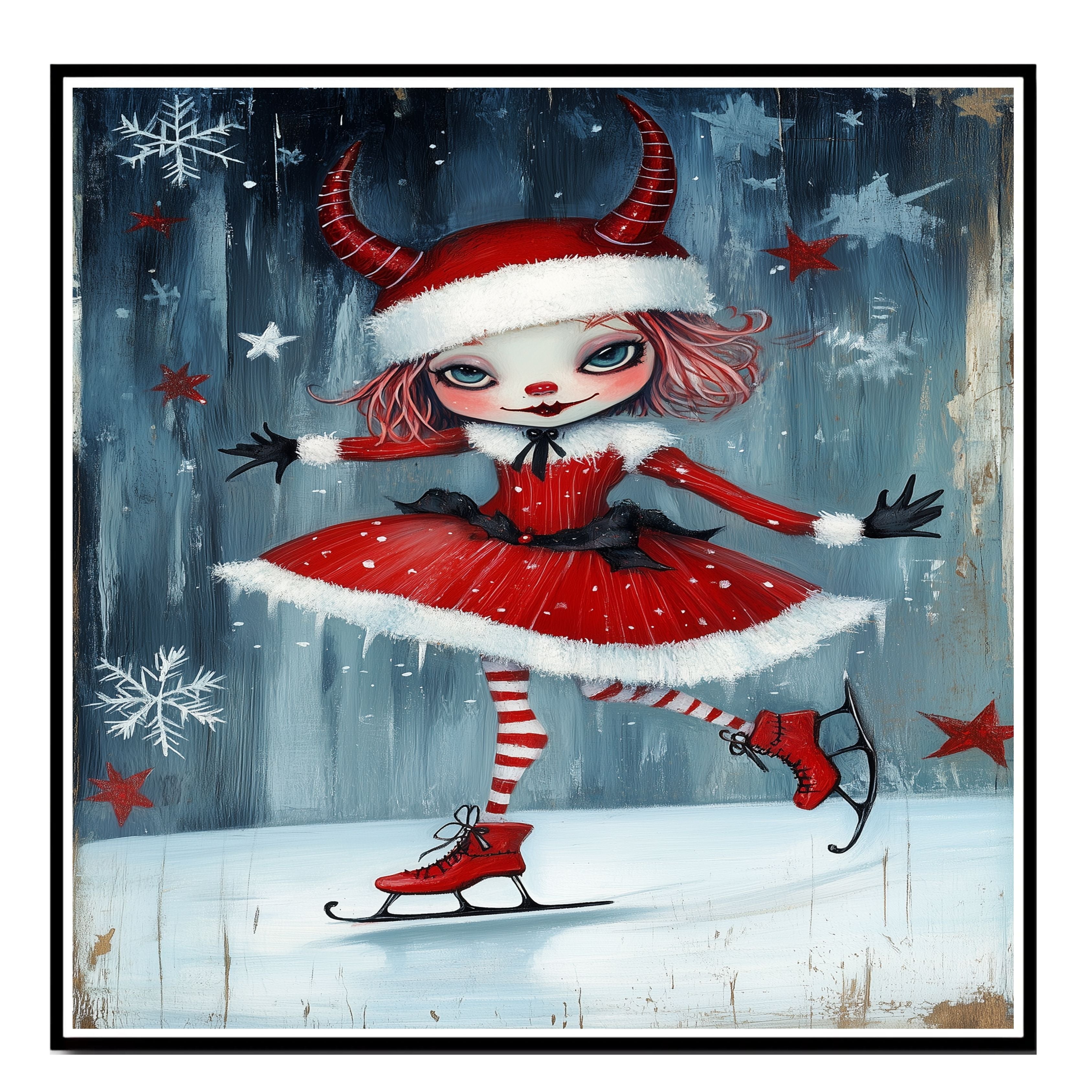 Whimsical Christmas Devil Girl Ice Skating in Red Santa Dress with Horns and Candy Cane Stripes Winter Fantasy Art Print or Canvas for Holiday Wall Decor on Ready to Hang 1.5" Thick Canvas Wrap, Floating Framed Canvas, Flat Rolled Canvas